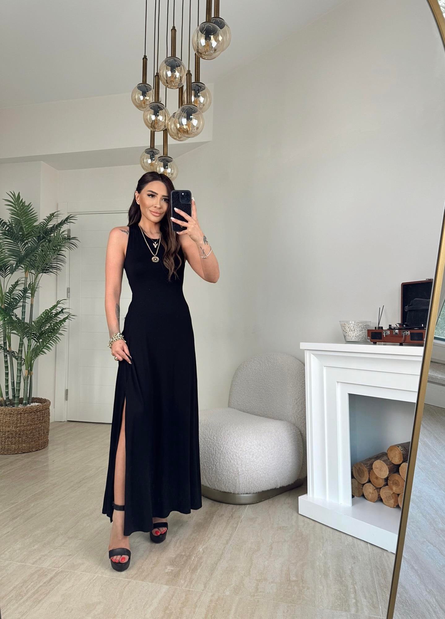 Çapraz Sırt Detay Halter Yaka Midi Elbise