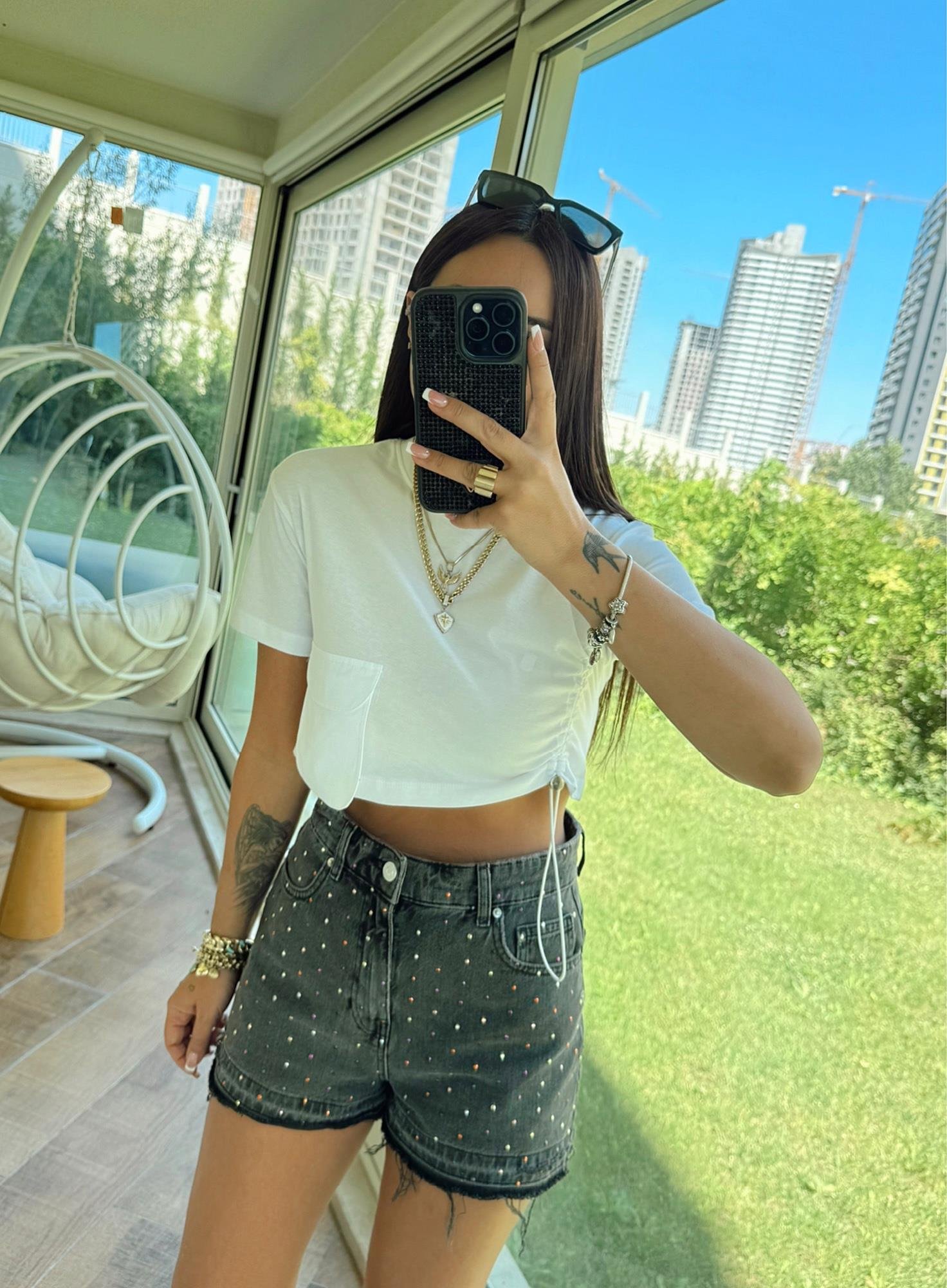 Cep Detay Büzgülü Crop Tshirt