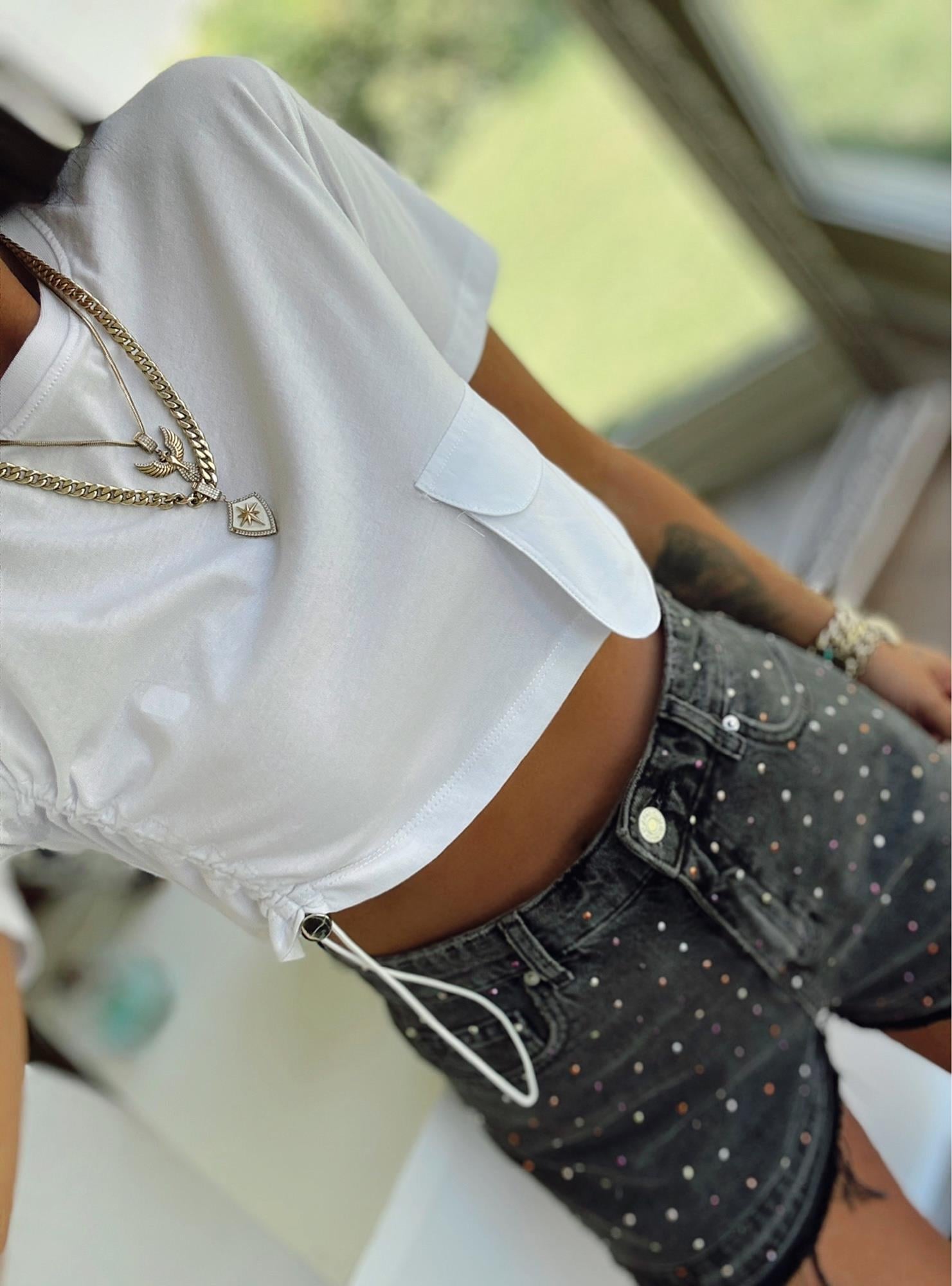 Cep Detay Büzgülü Crop Tshirt
