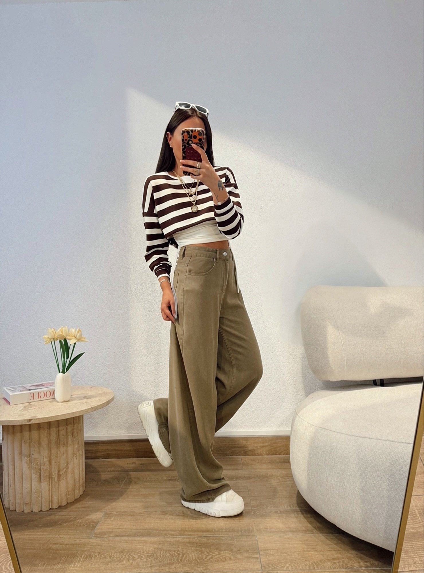 Çift Katmanlı Yanları Büzgülü Kahve Çizgili Badi
