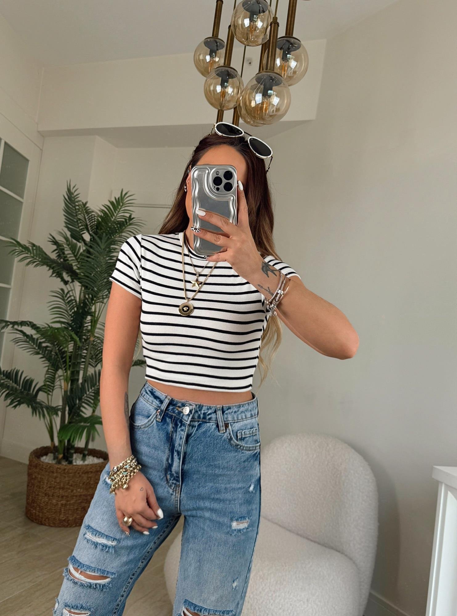 Çizgili Beyaz Crop