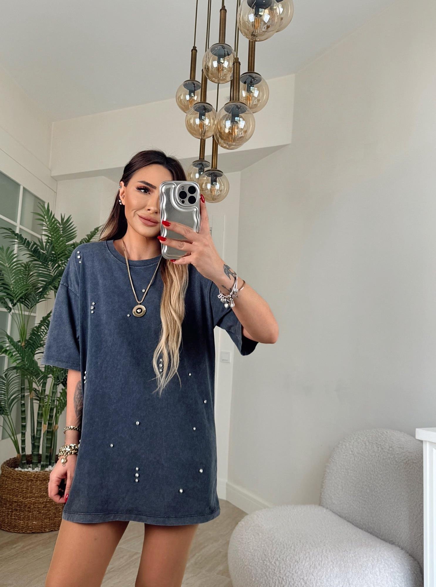 Damla Taşlı Yıkamalı Salaş Tshirt