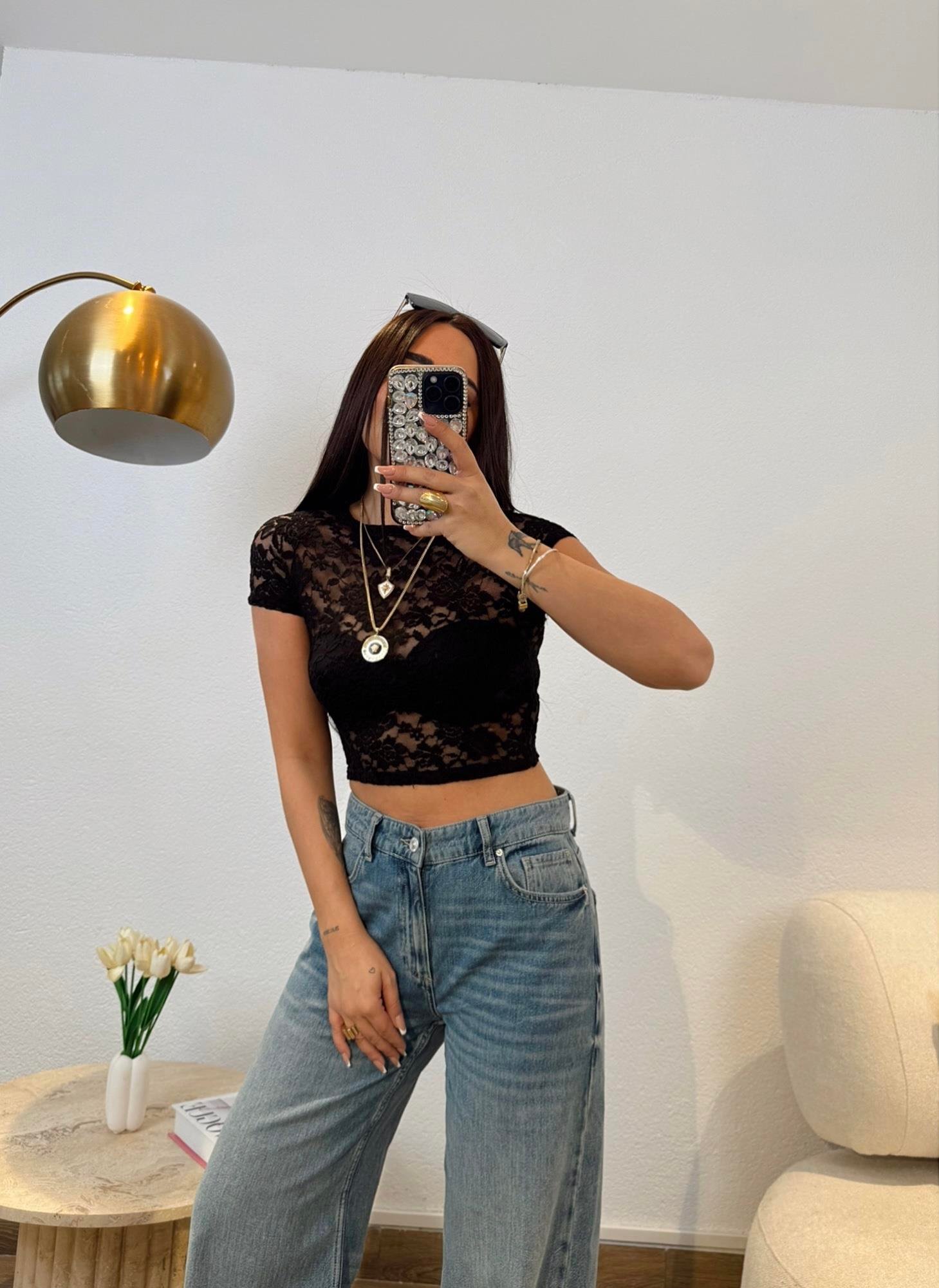 Dantel Detay Kısa Kol Crop