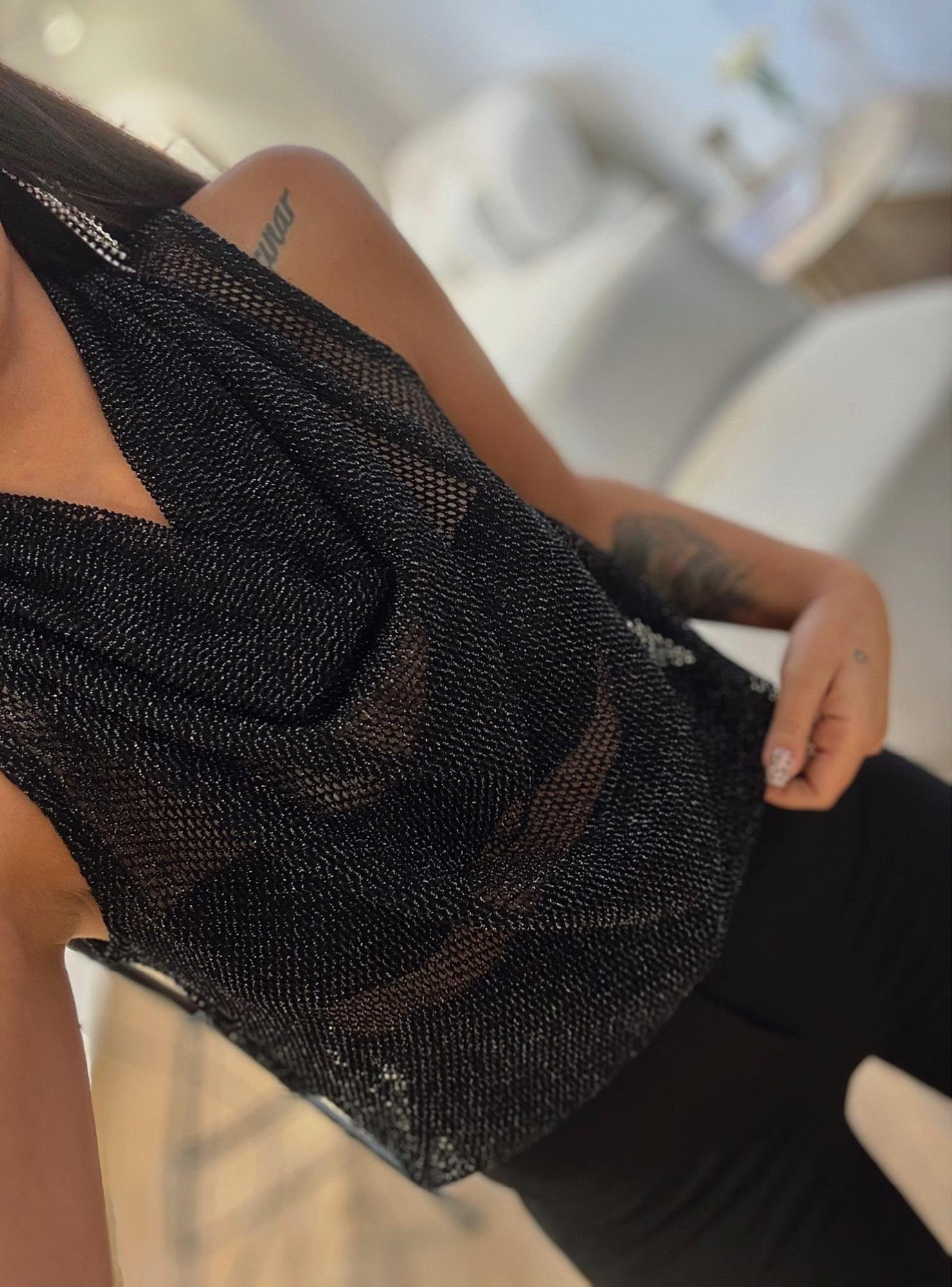 Degaje Yaka Kolsuz Transparan Simli Bluz