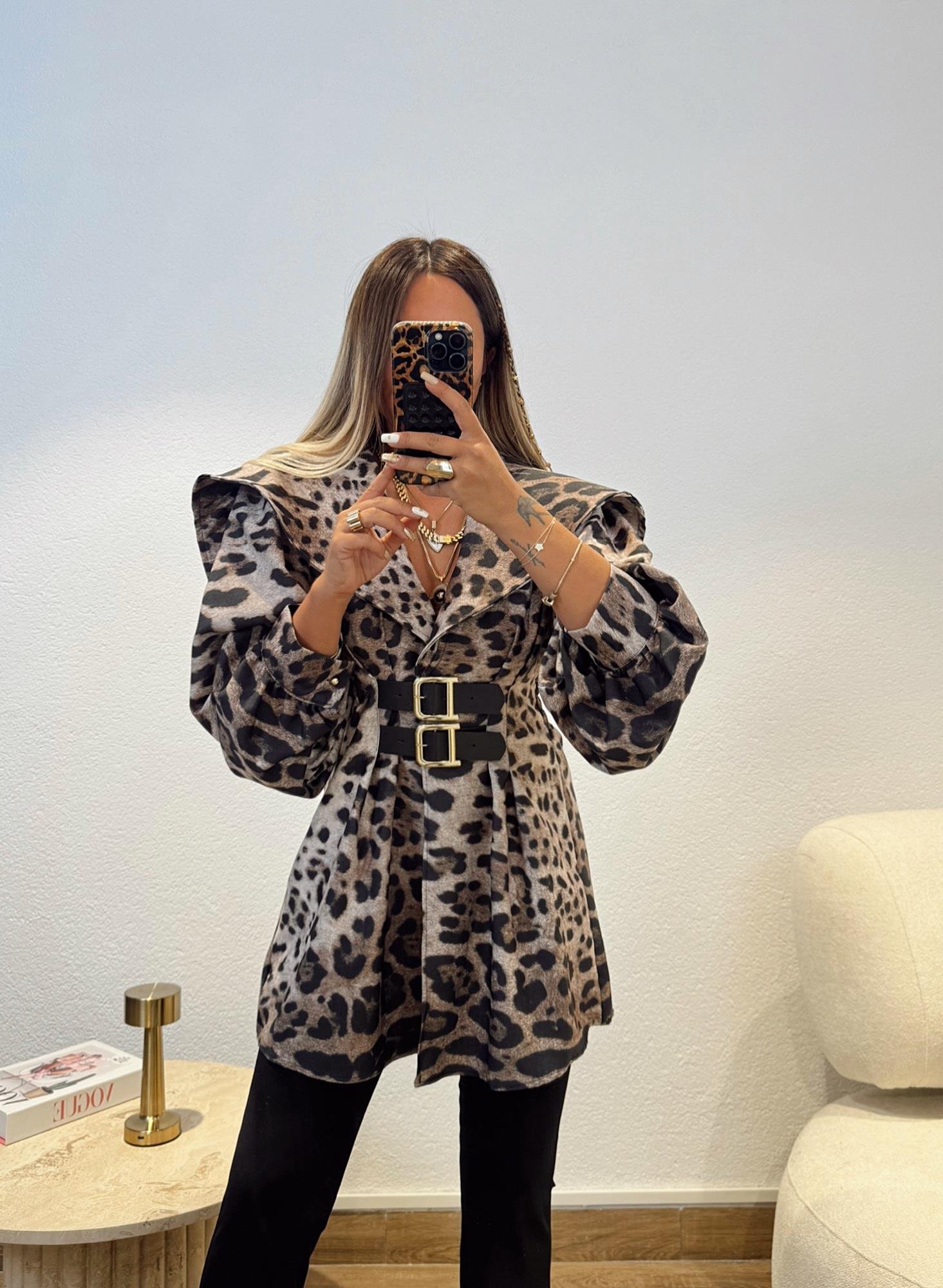 Deri Kemerli Leopar Trenchcoat