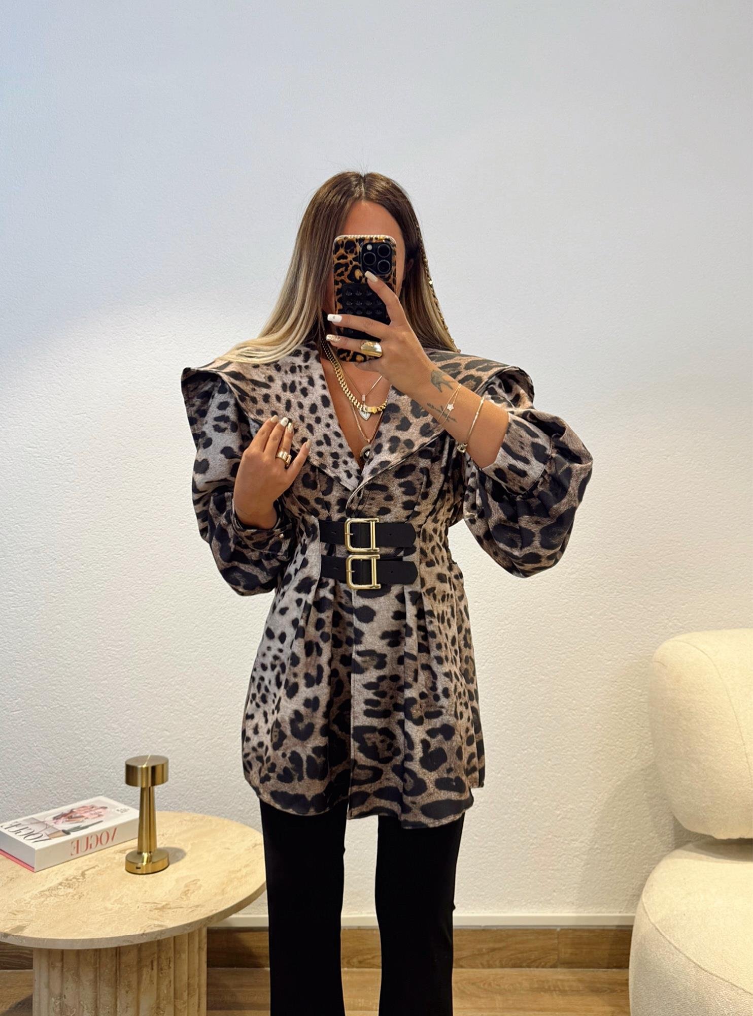 Deri Kemerli Leopar Trenchcoat