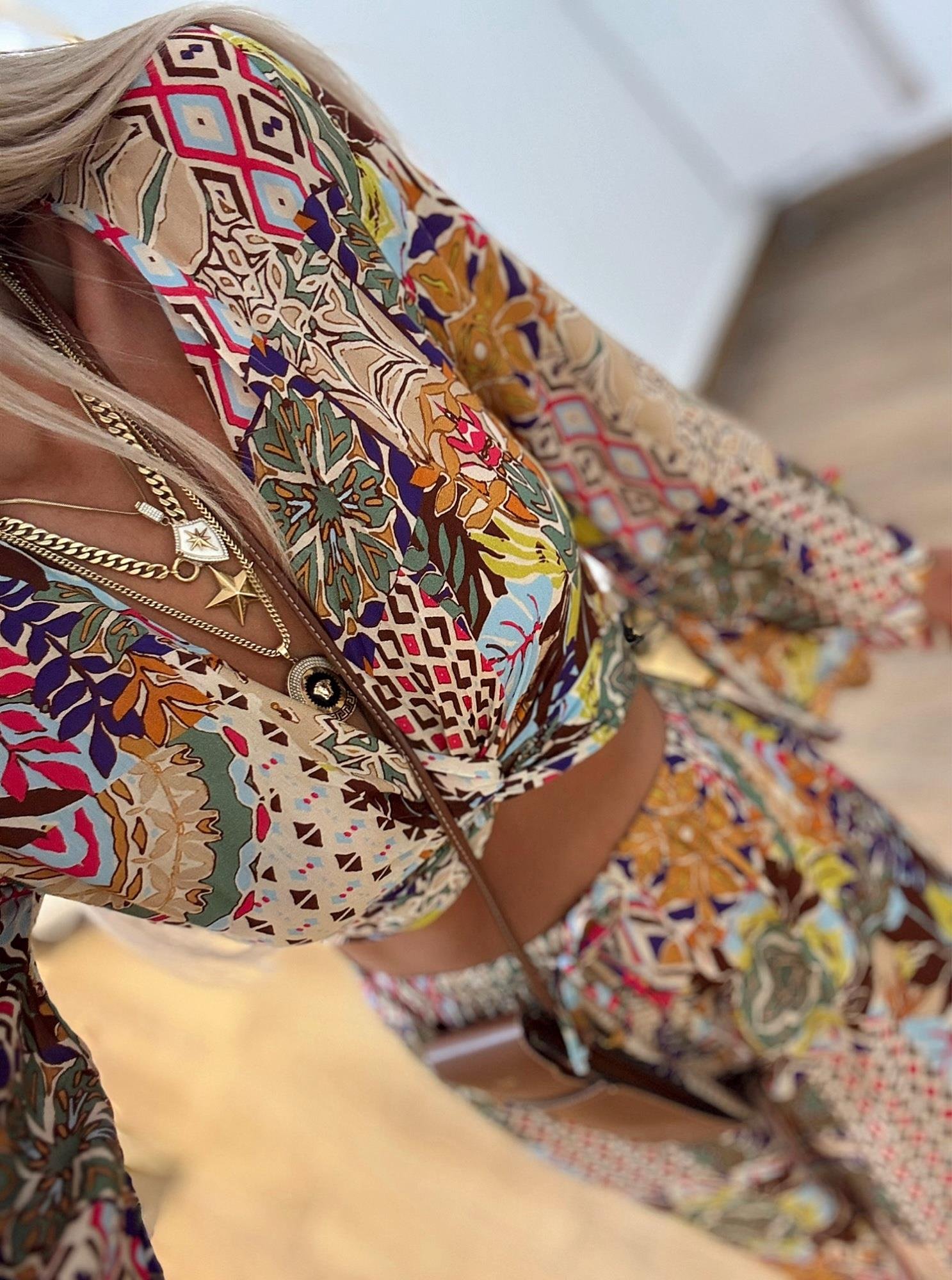 Desenli Crop-Pantolon Takım