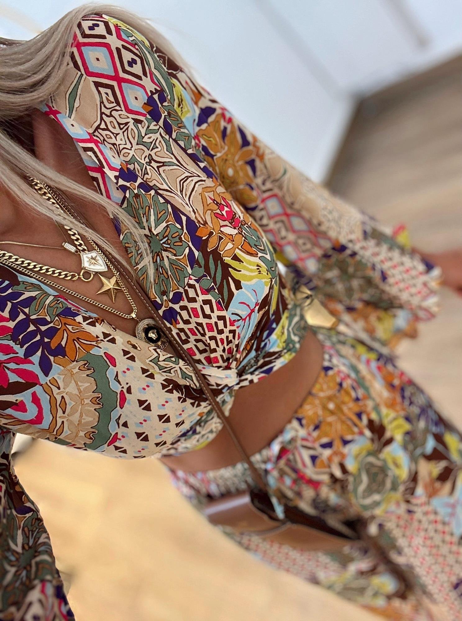 Desenli Crop-Pantolon Takım