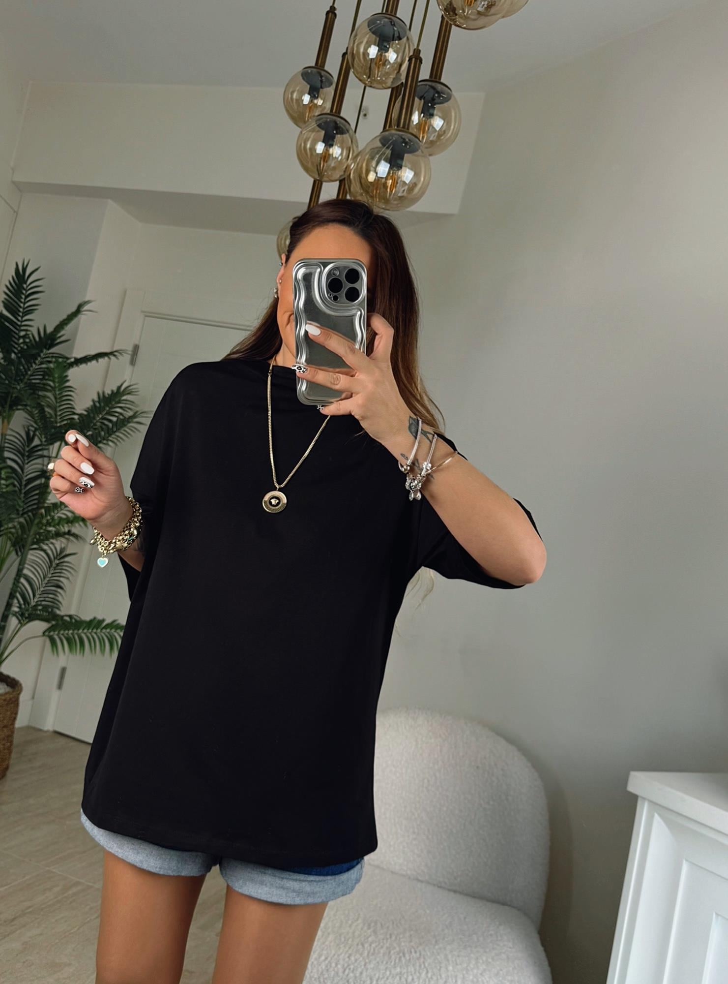 Dik Yaka Duble Kol Oversize Siyah Basic