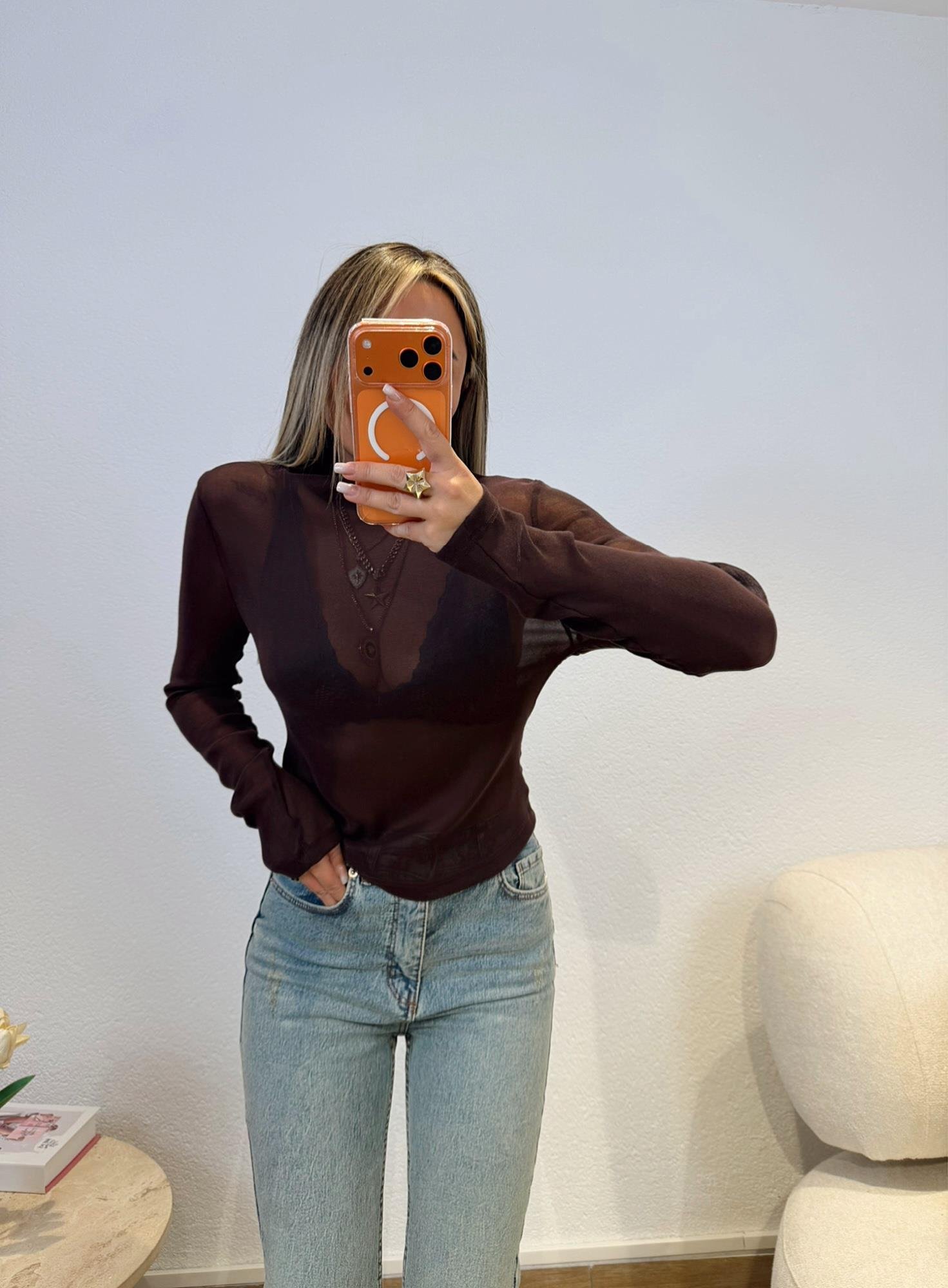 Dik Yaka Işıltılı Kahve Transparan Bluz