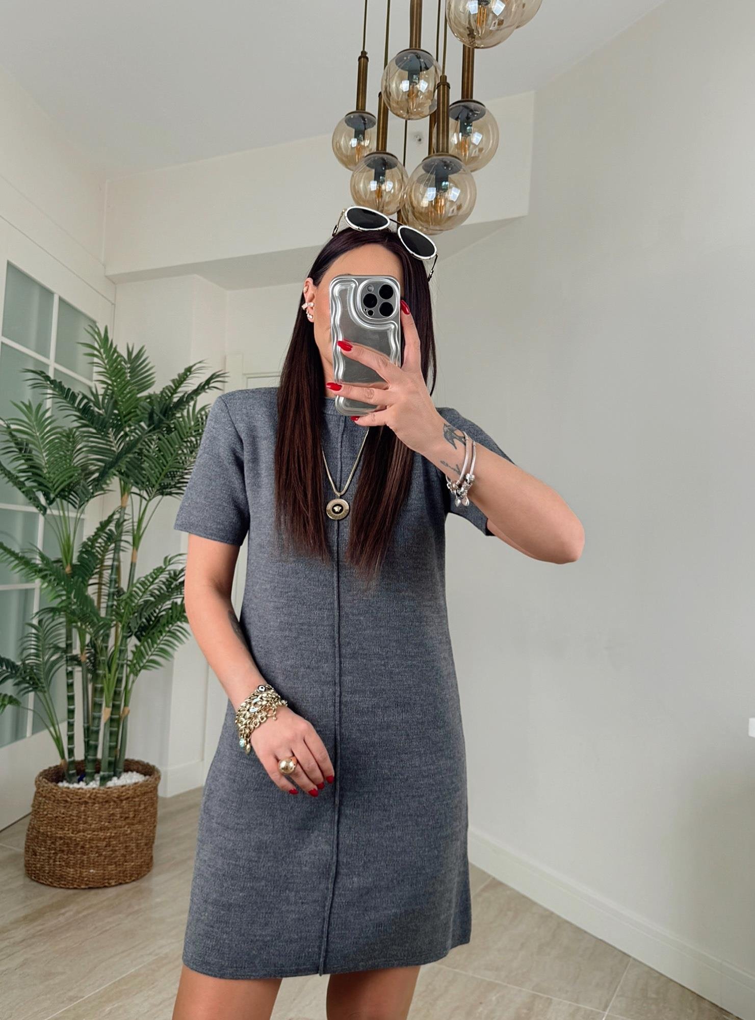 Dikişli Antrasit Triko Elbise 