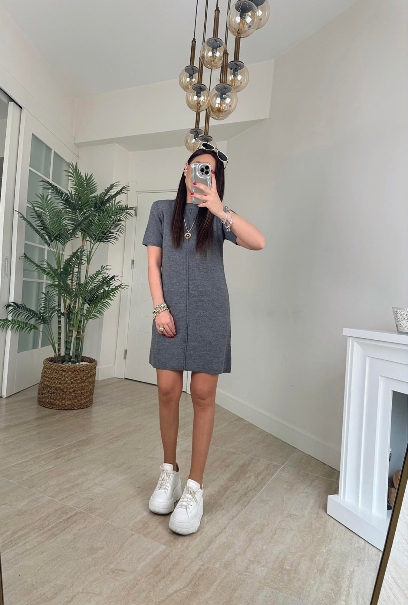 Dikişli Antrasit Triko Elbise 