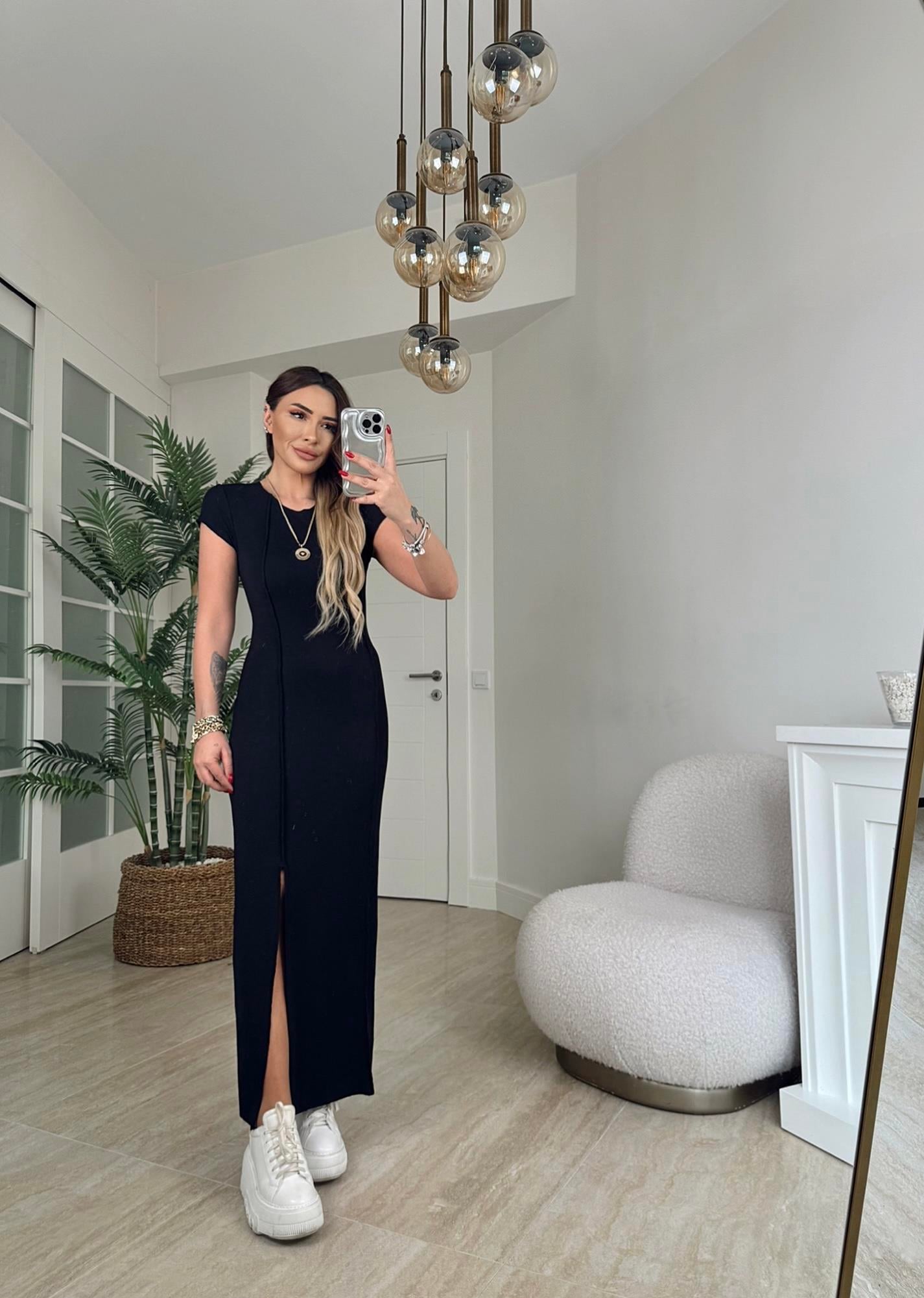 Dikişli Tek Yanı Yırtmaçlı Midi Boy Elbise