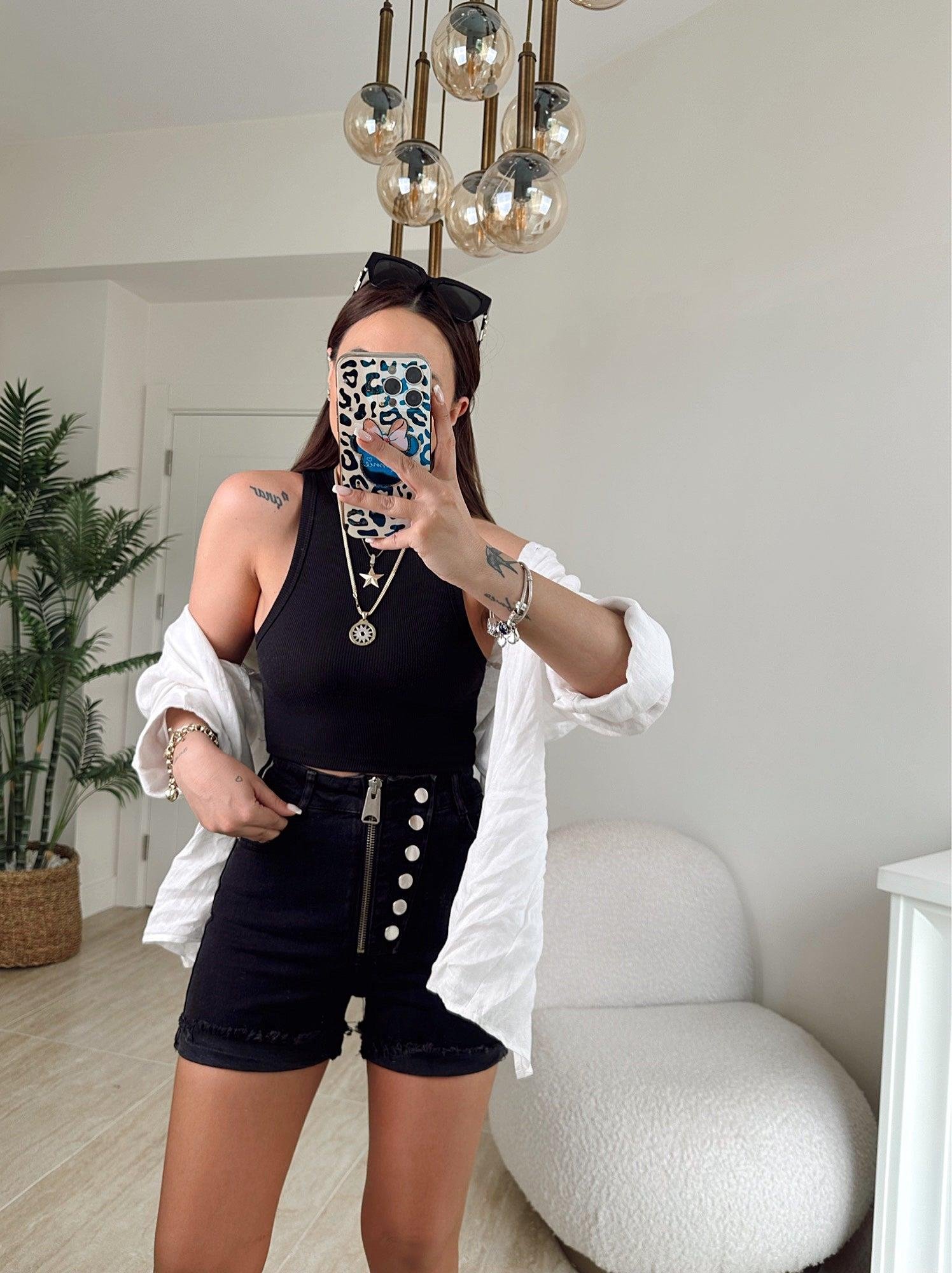 Dilvin Düğme Detay Siyah Mini Jean Şort