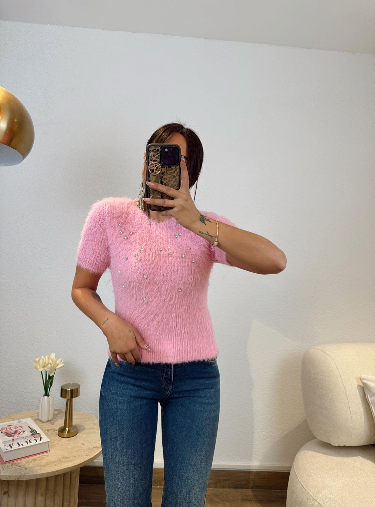 Dilvin Taşlı Pembe Yumoş Crop Kazak
