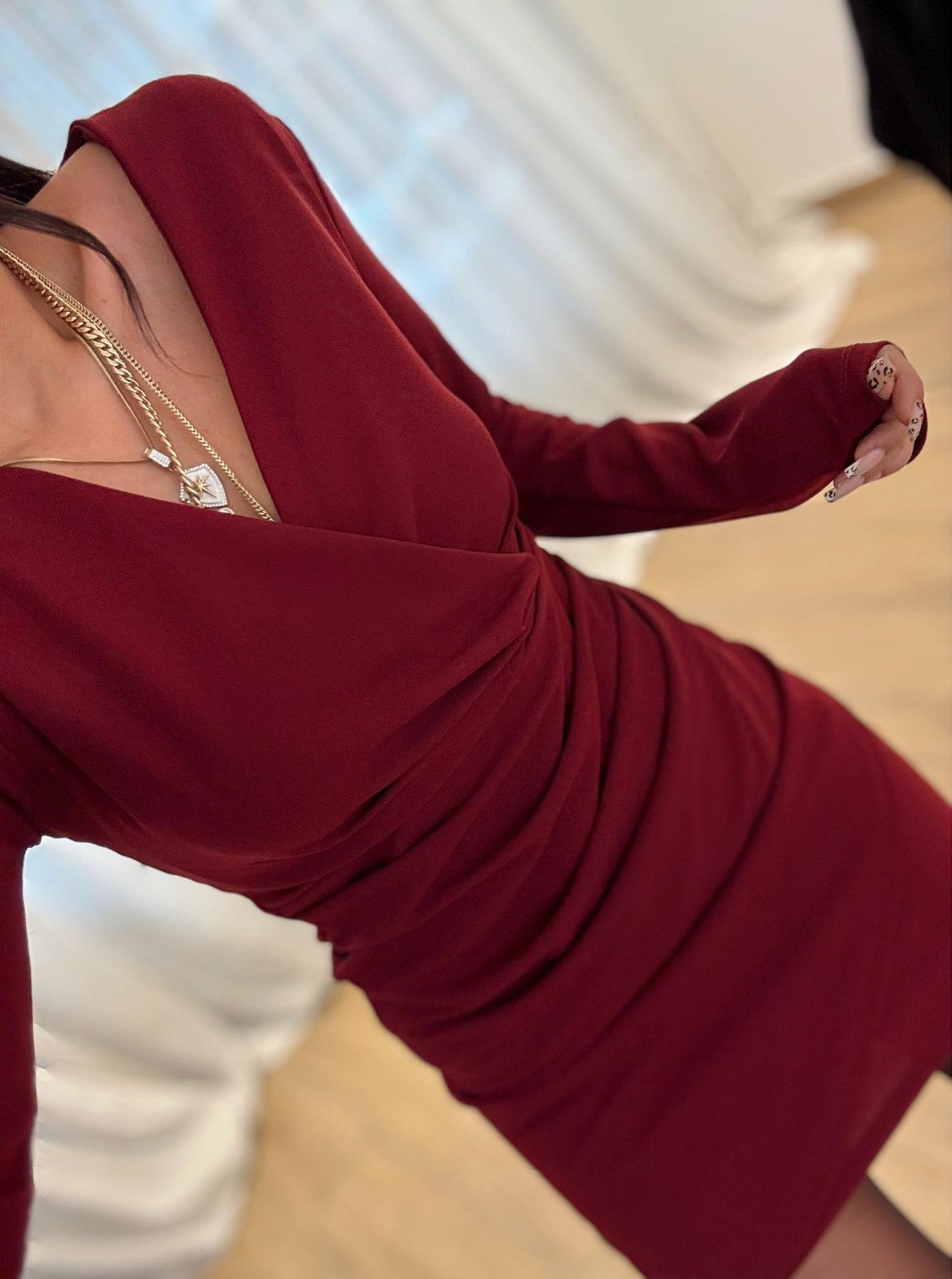 Drapeli Crep Bordo Elbise