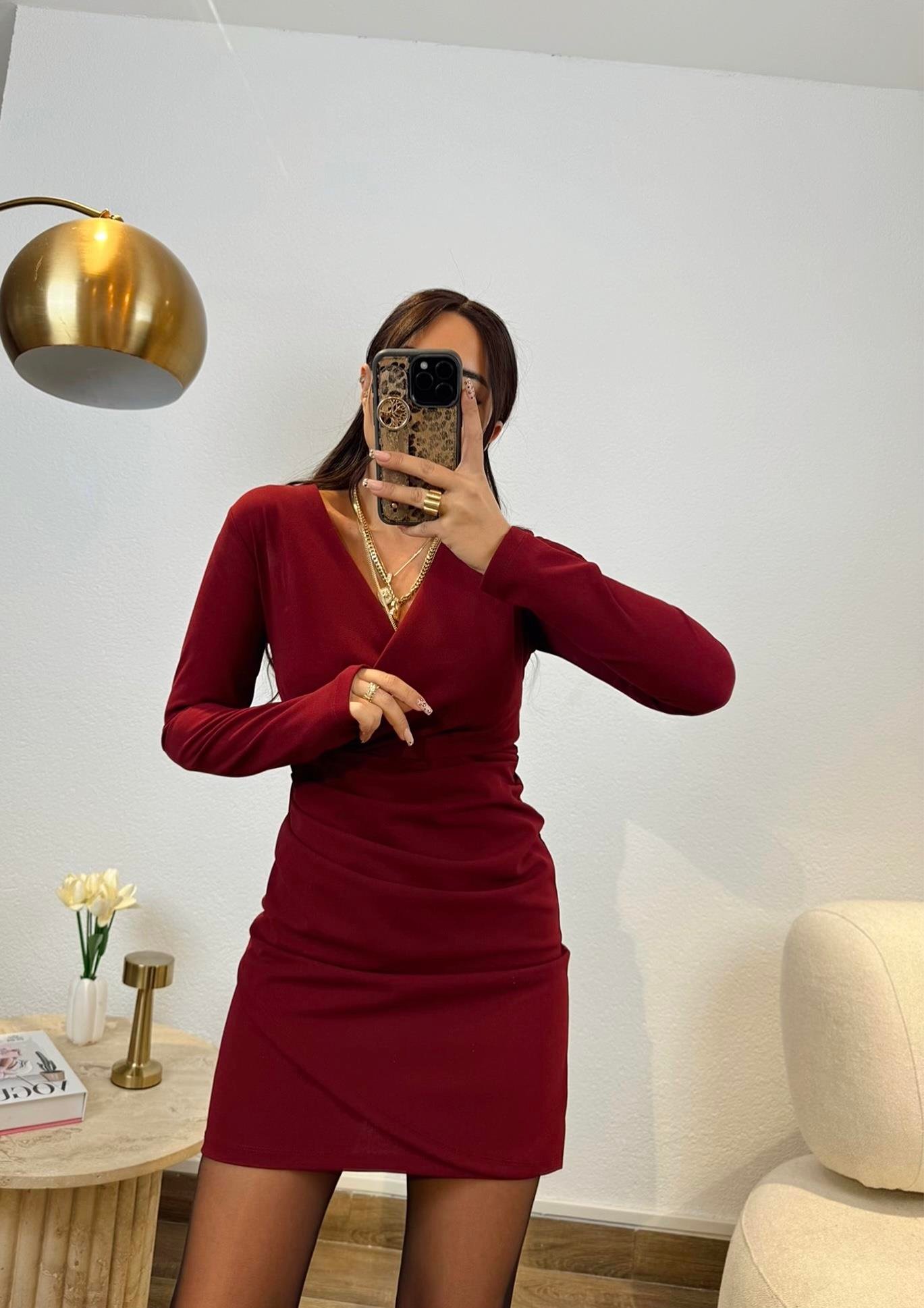 Drapeli Crep Bordo Elbise