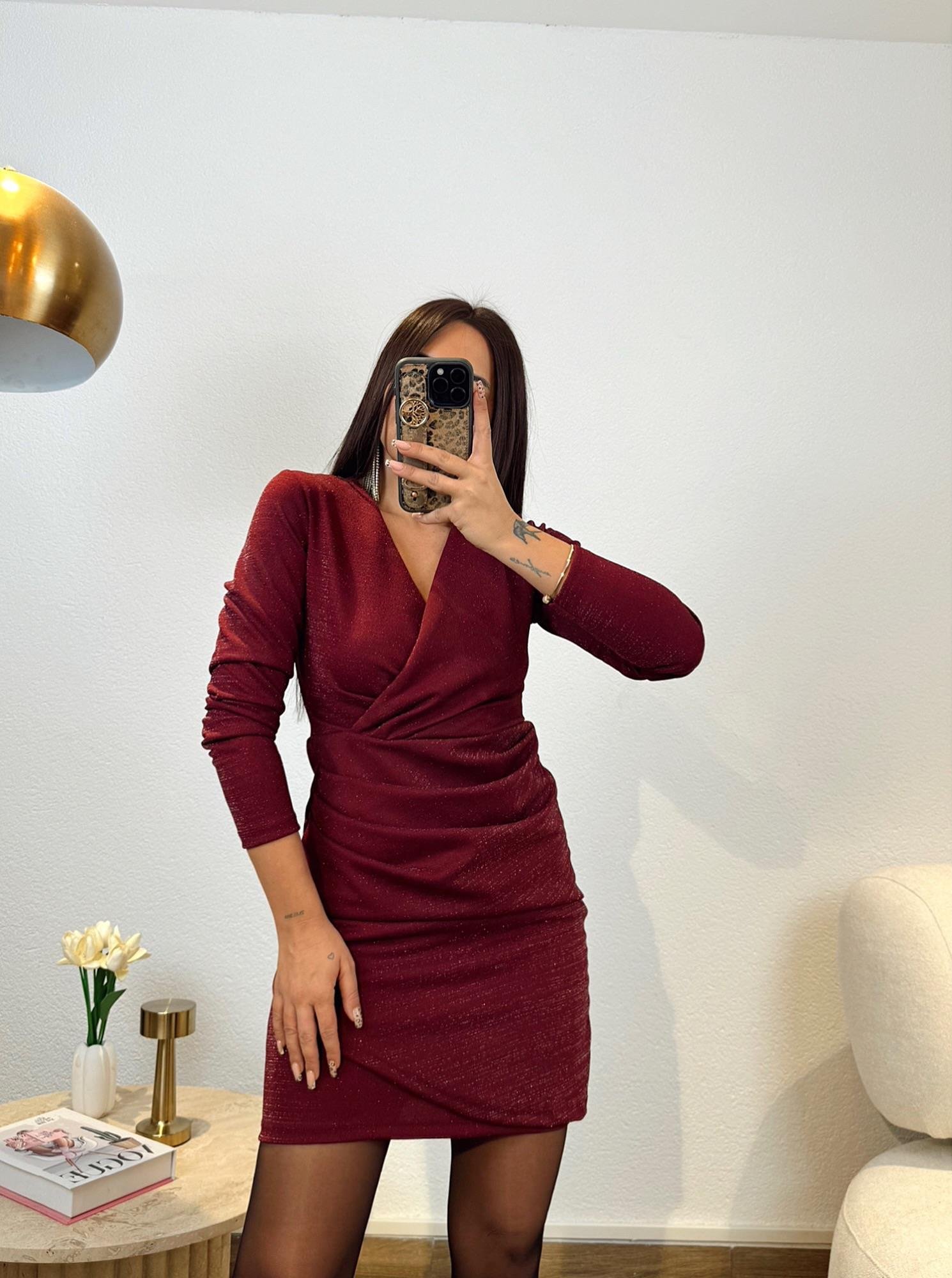 Drapeli Simli Bordo Elbise