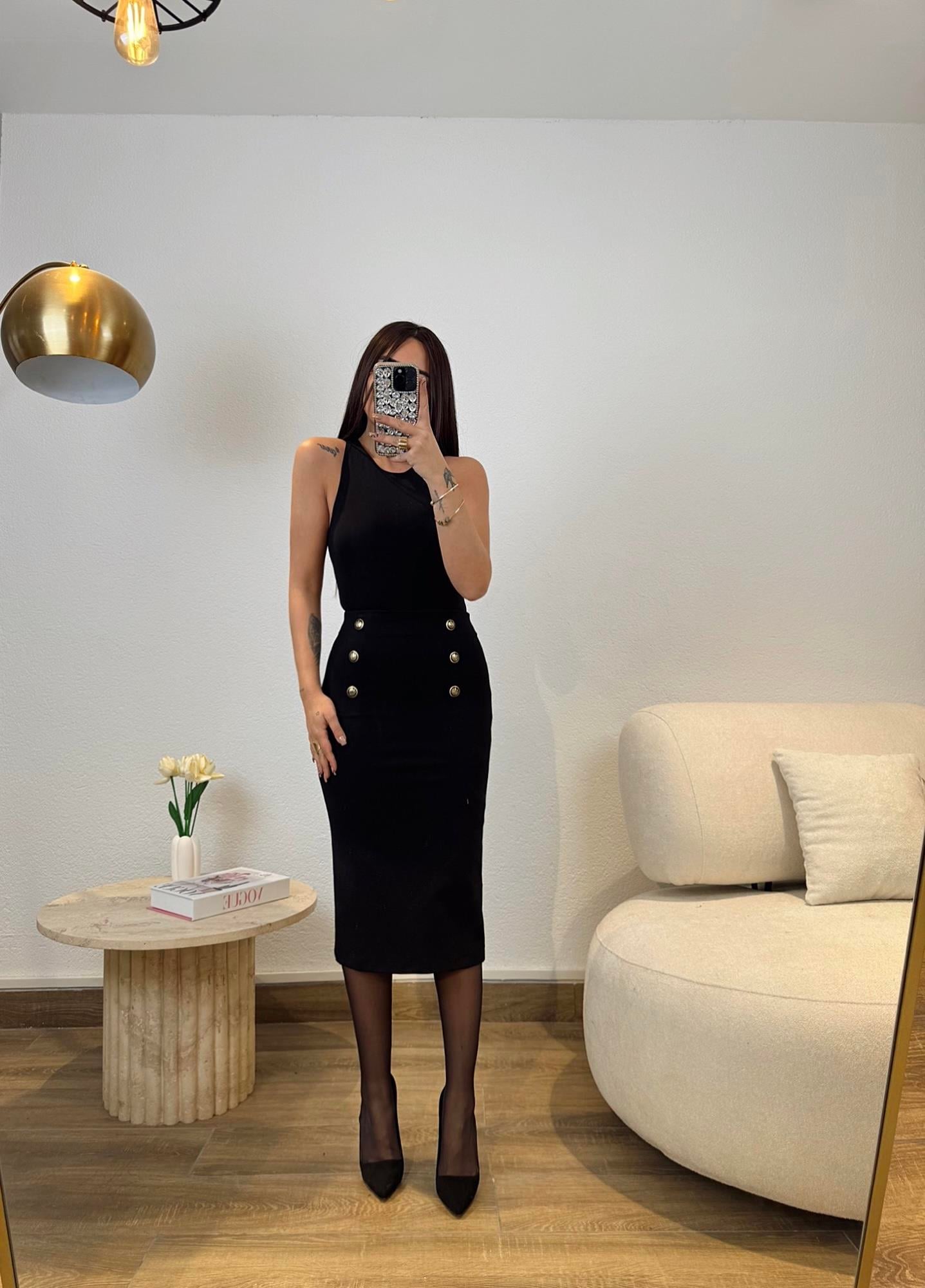 Düğme Detay Premium Siyah Kalem Etek