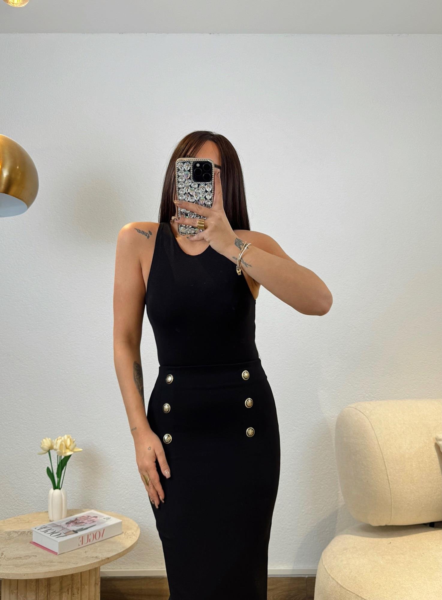 Düğme Detay Premium Siyah Kalem Etek