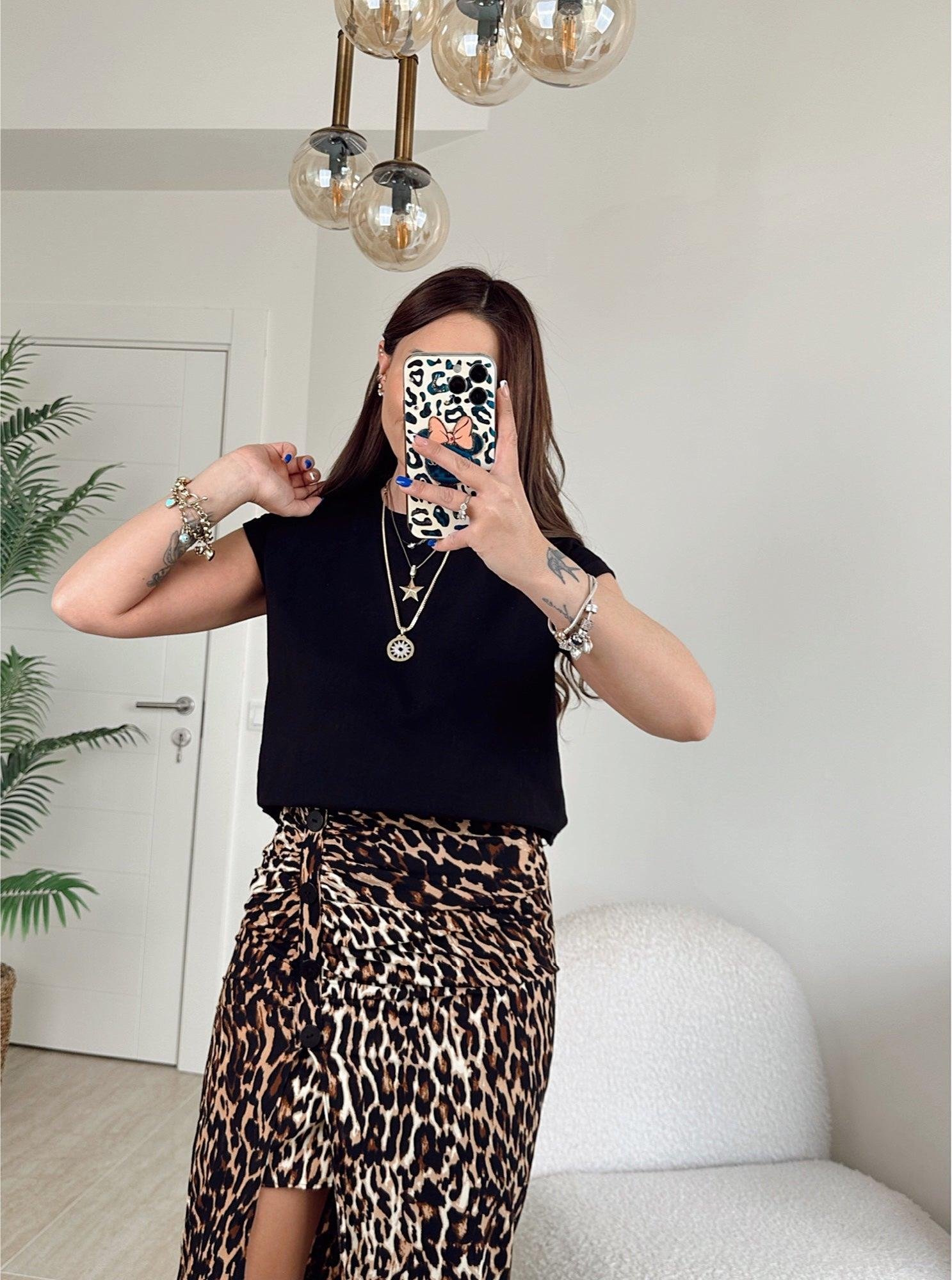 Düğme Detay Yırtmaçlı Leopar Desen Etek