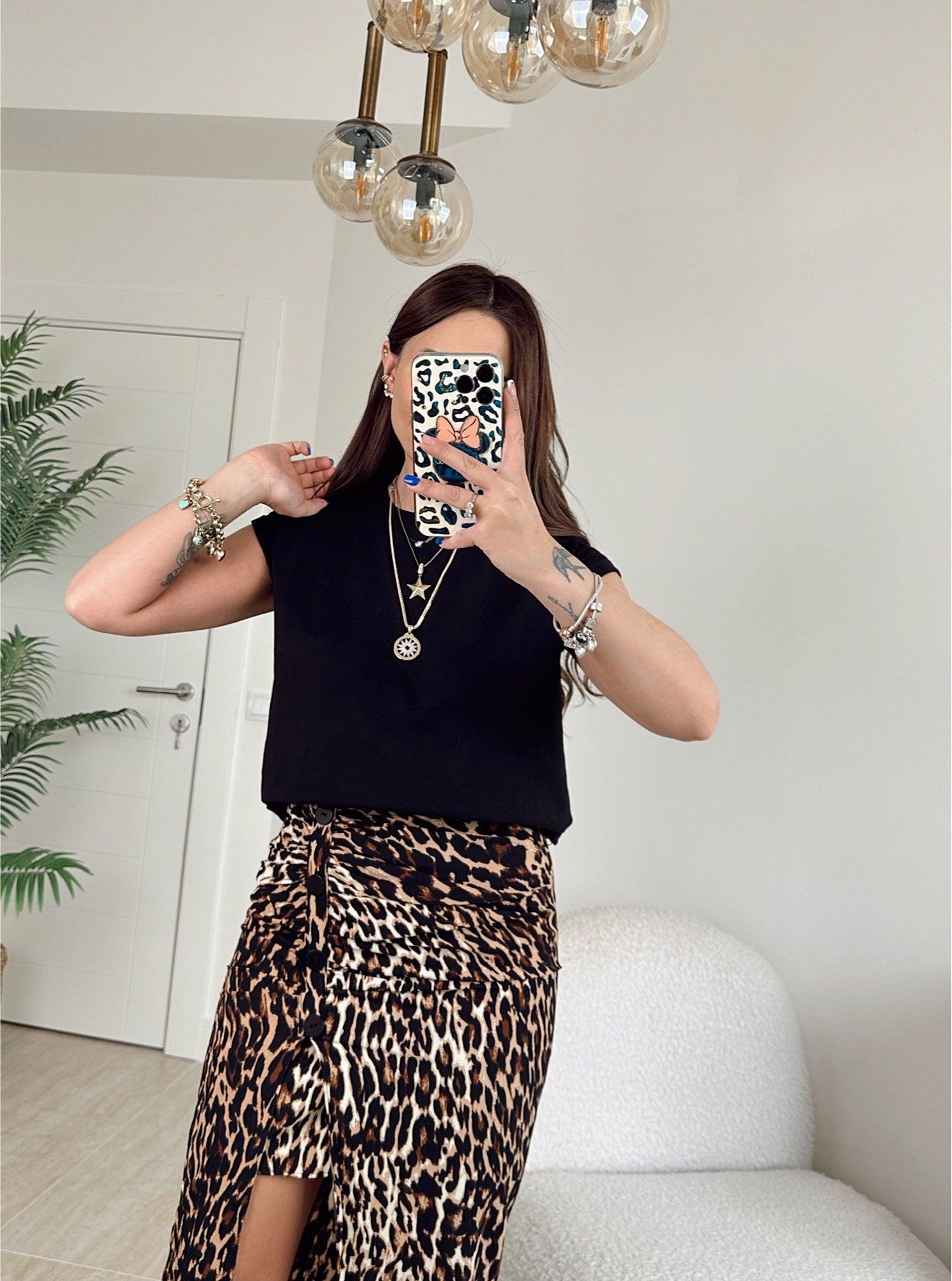 Düğme Detay Yırtmaçlı Leopar Desen Etek