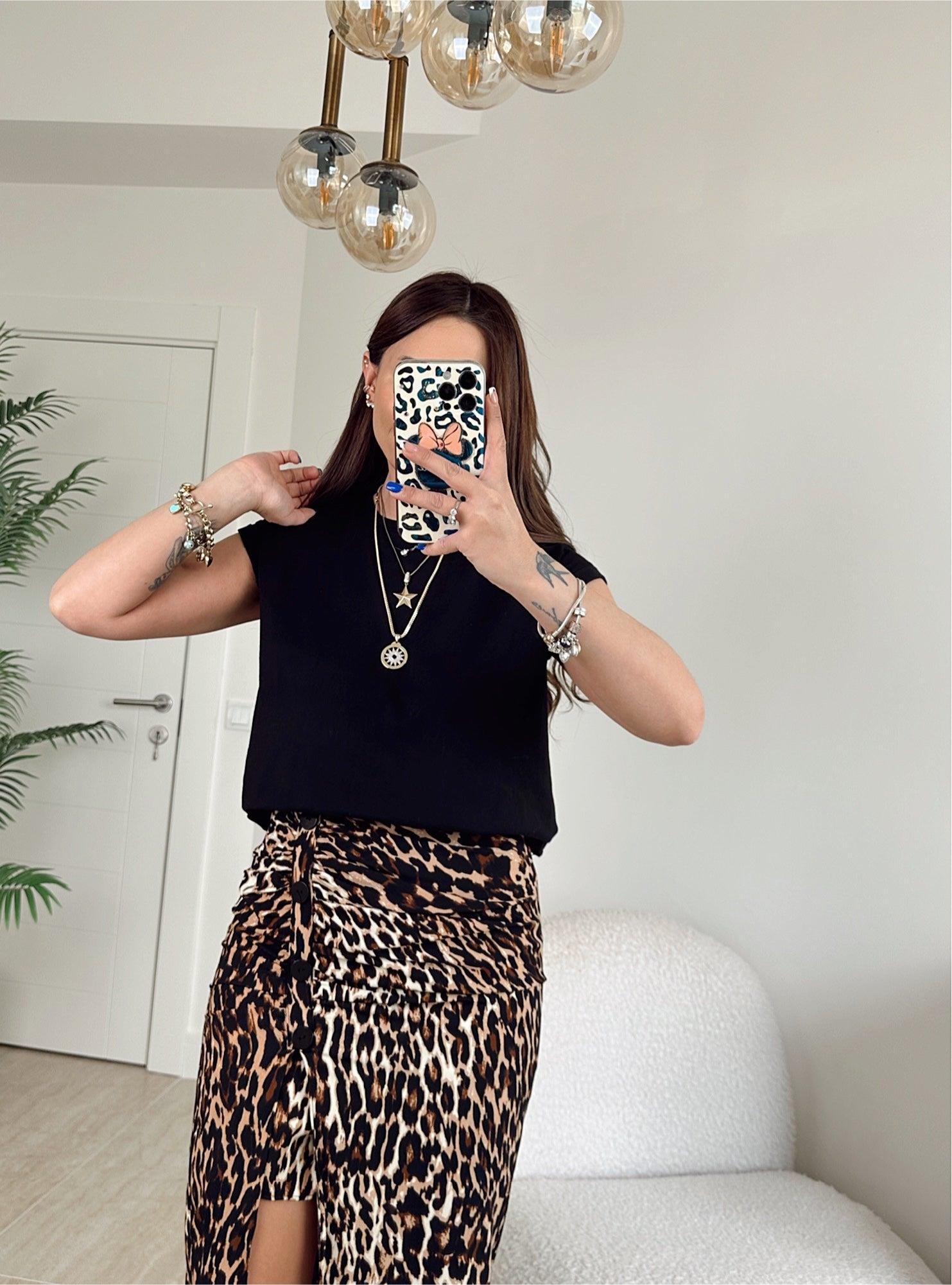 Düğme Detay Yırtmaçlı Leopar Desen Etek