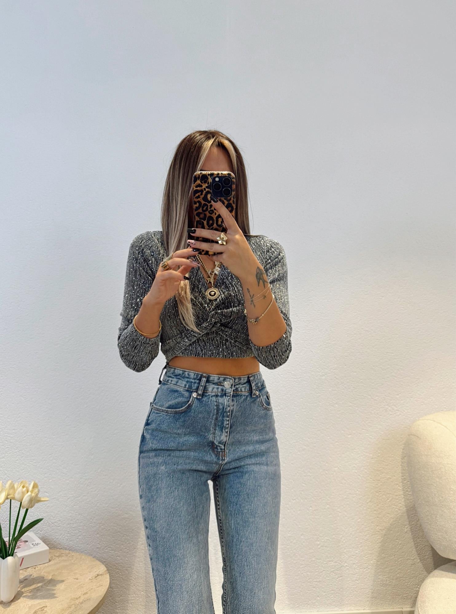 Düğümlü Taşlı Gri Crop