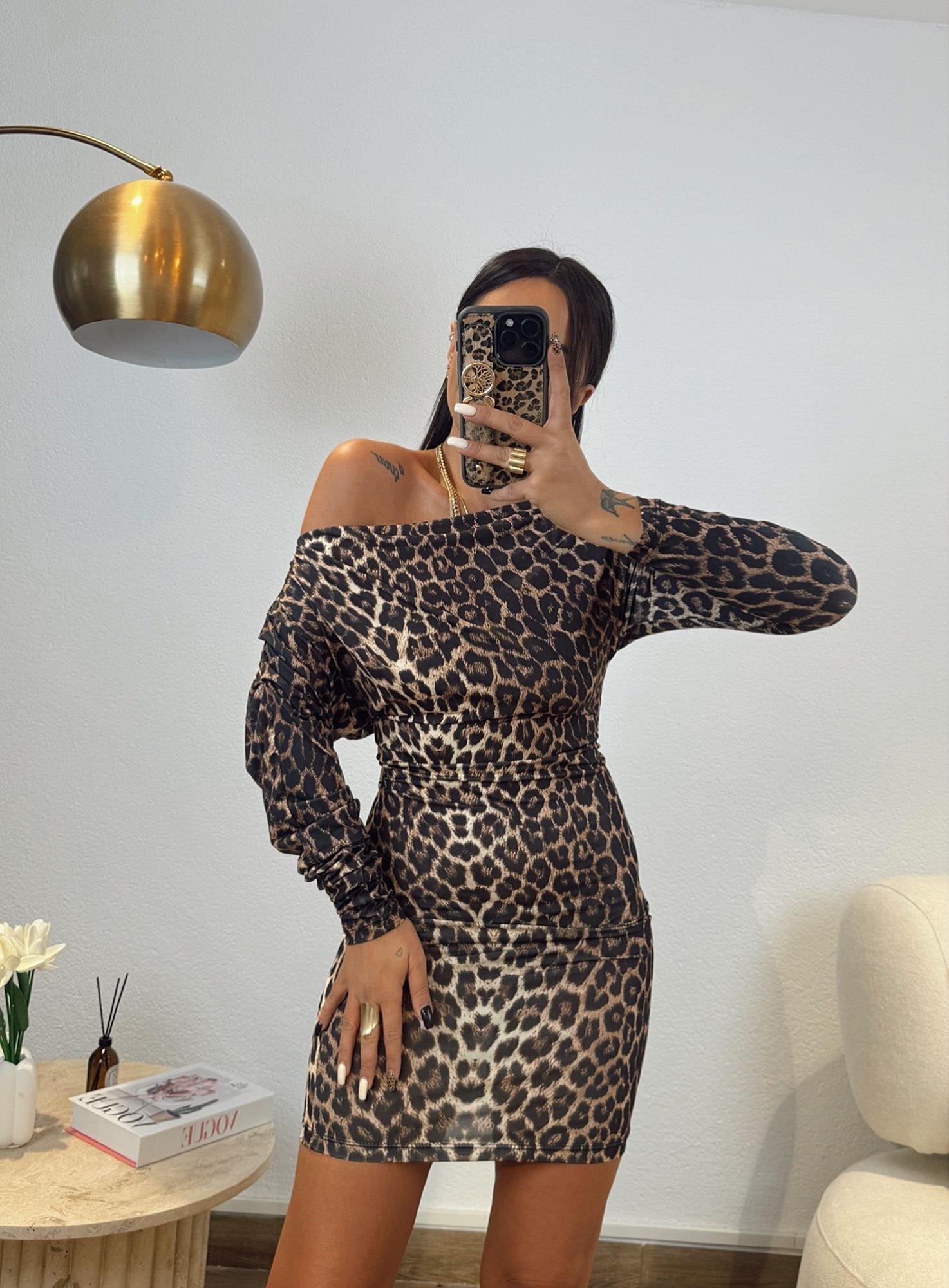 Düşük Omuz Leopar Desen Sandy Mini Elbise