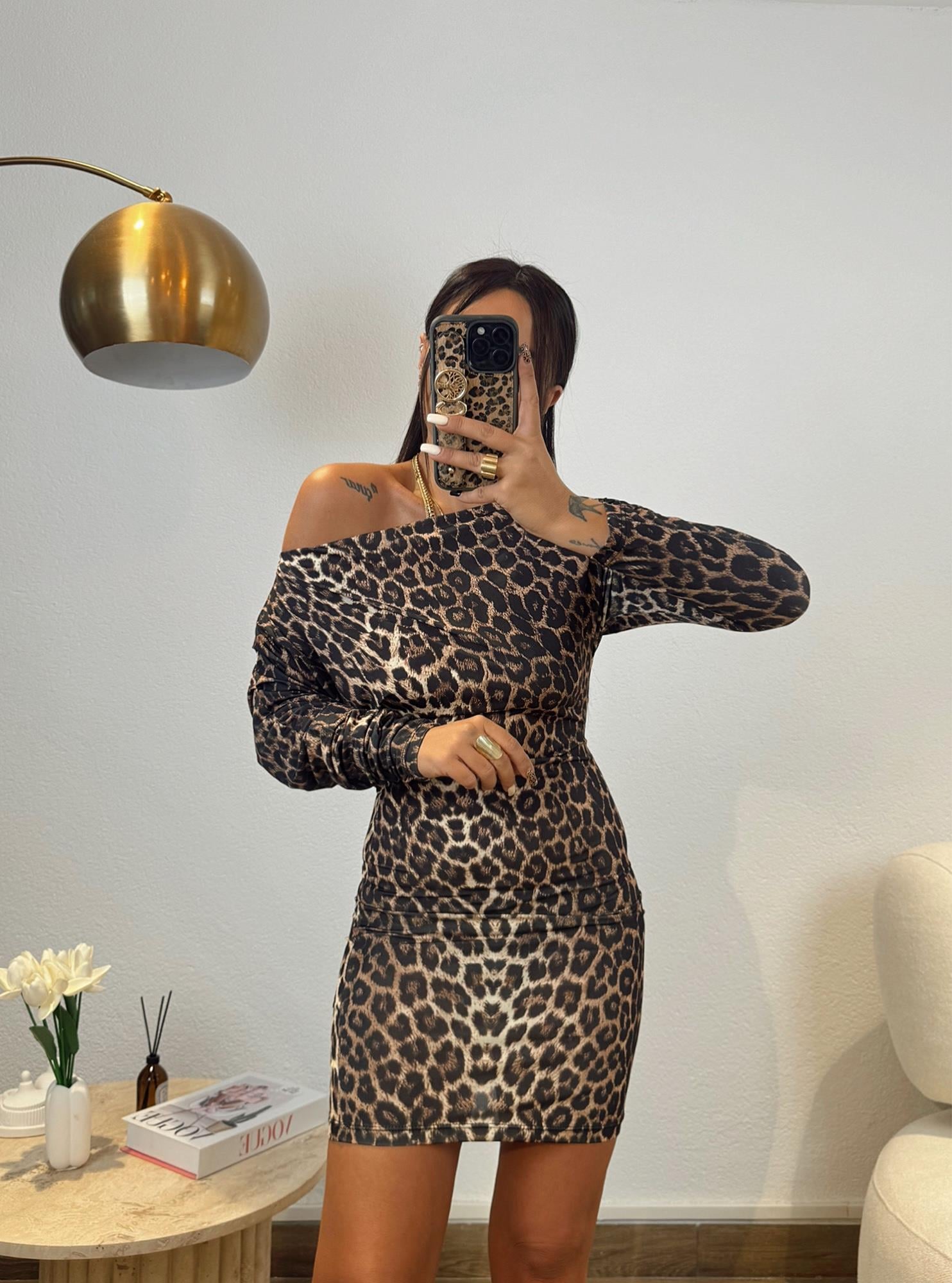 Düşük Omuz Leopar Desen Sandy Mini Elbise