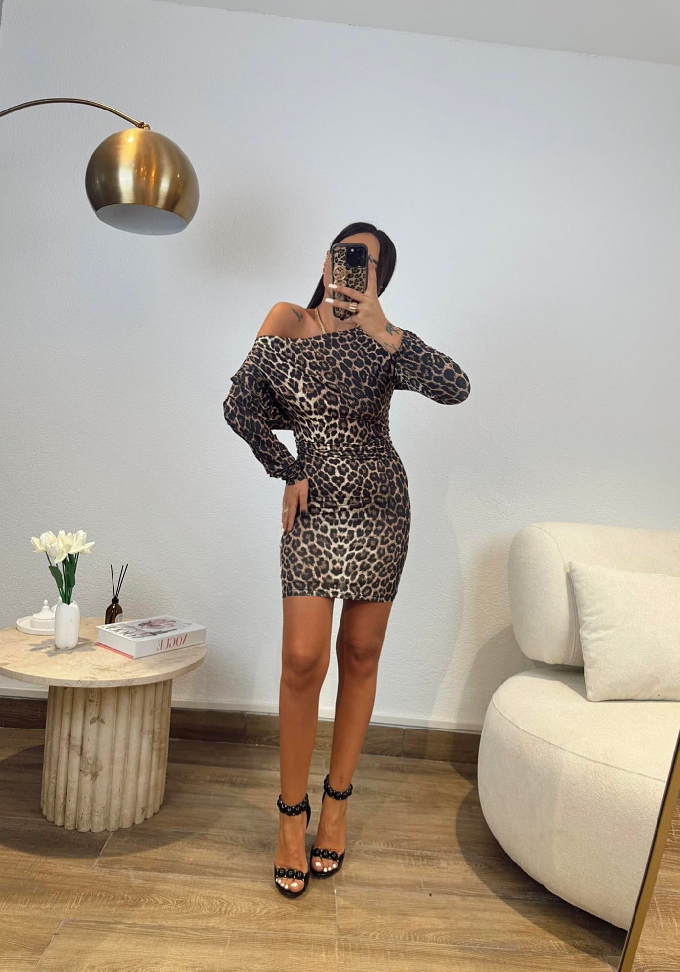 Düşük Omuz Leopar Desen Sandy Mini Elbise