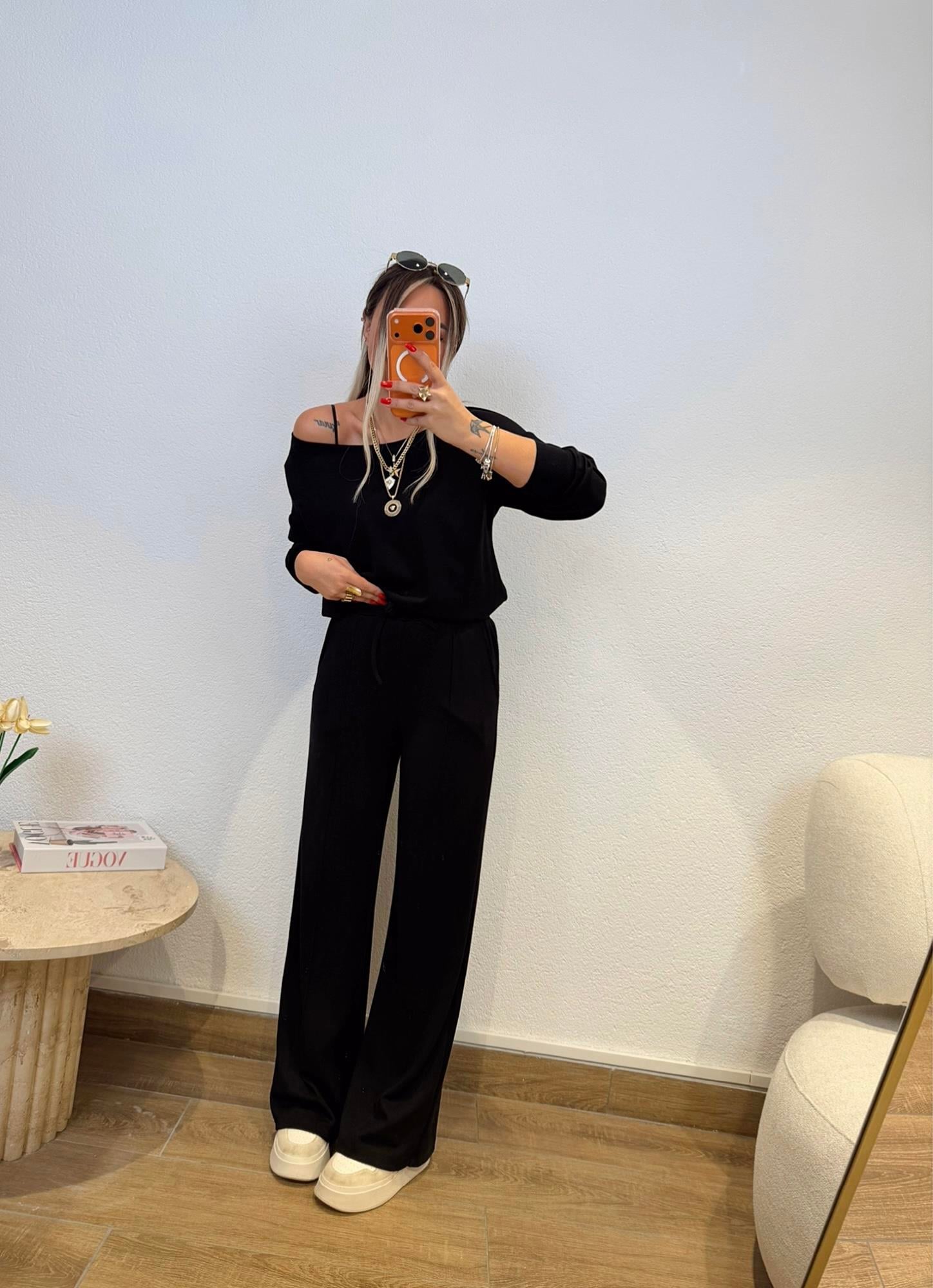 Düşük Omuz Modal Siyah Eşofman Takımı