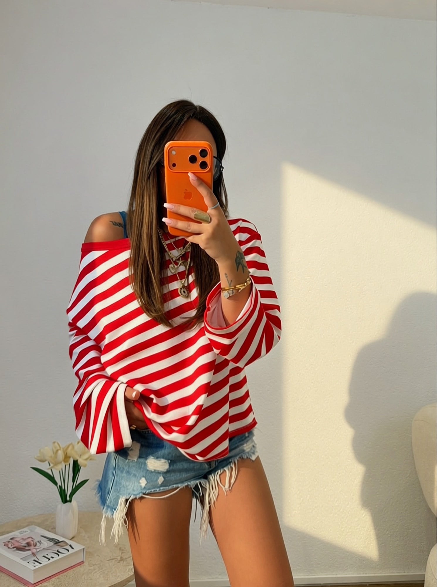 Düşük Omuz Oversize Kırmızı Çizgili Sweatshirt