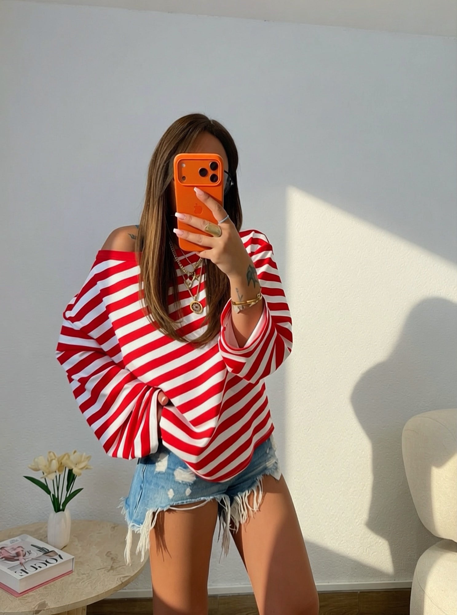 Düşük Omuz Oversize Kırmızı Çizgili Sweatshirt