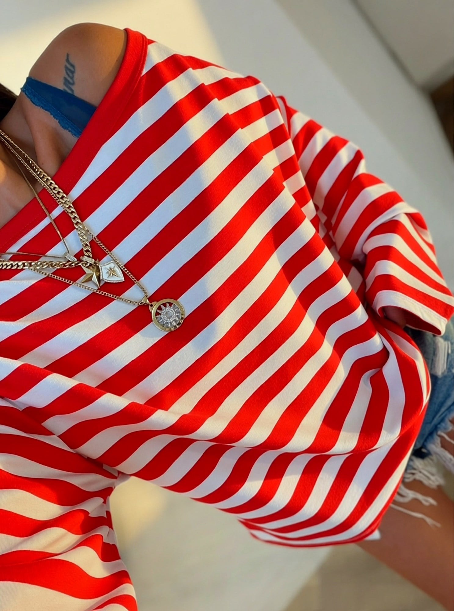 Düşük Omuz Oversize Kırmızı Çizgili Sweatshirt