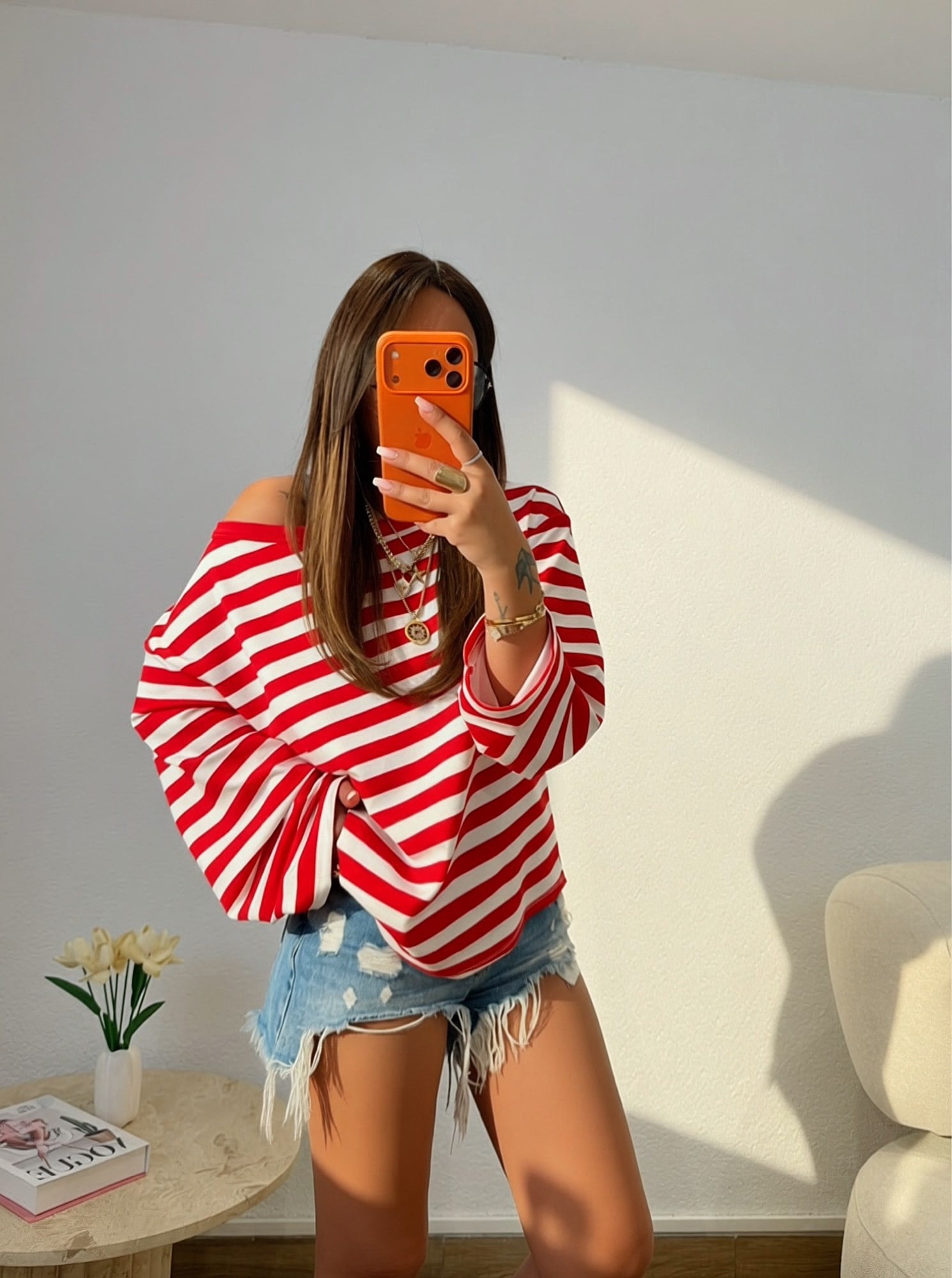 Düşük Omuz Oversize Kırmızı Çizgili Sweatshirt