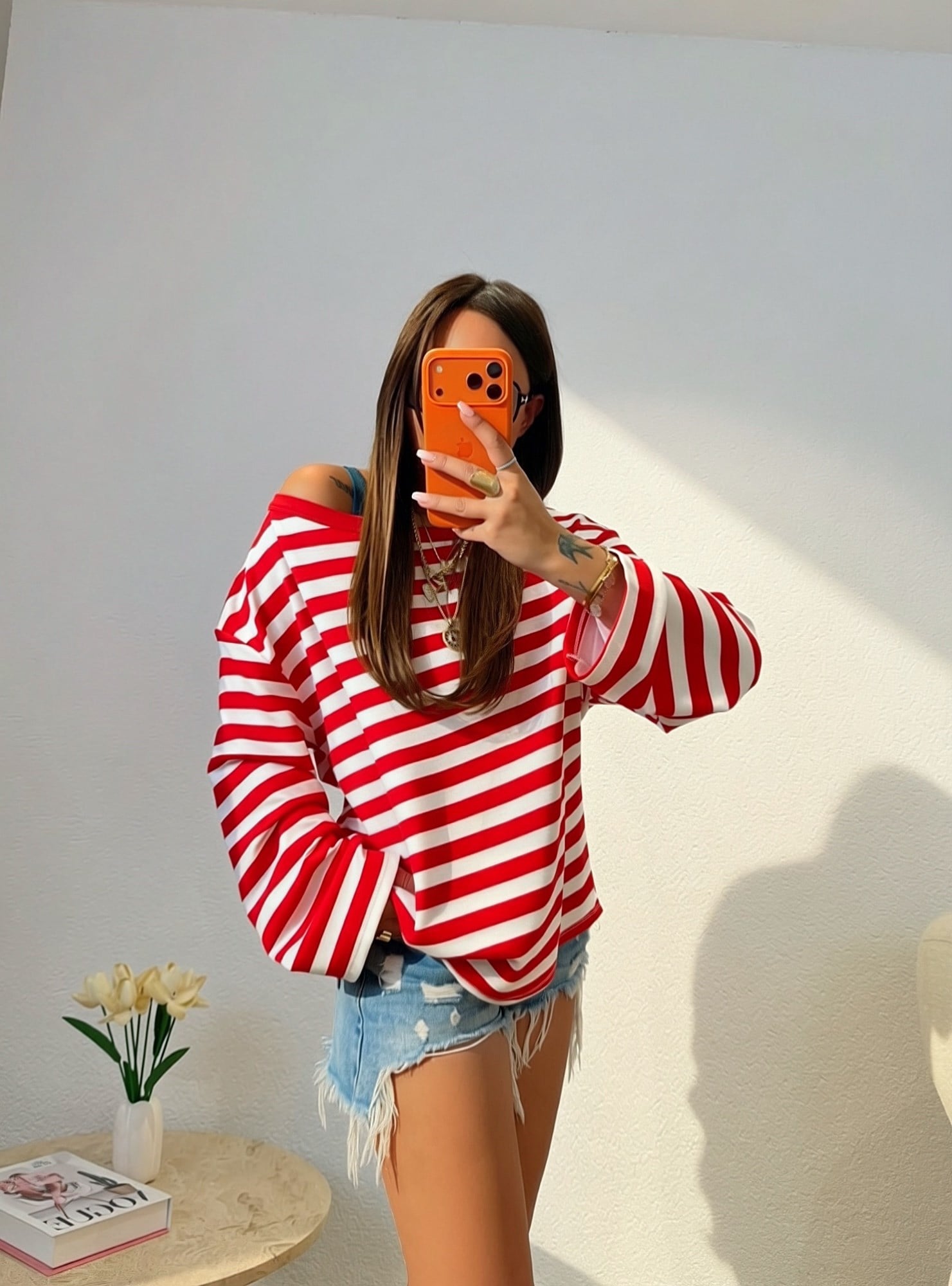 Düşük Omuz Oversize Kırmızı Çizgili Sweatshirt