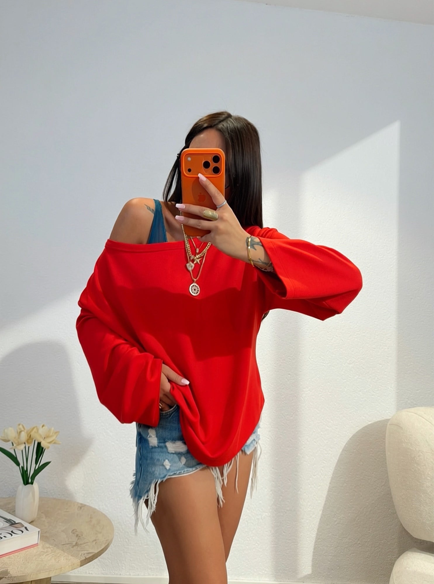 Düşük Omuz Oversize Kırmızı Sweatshirt