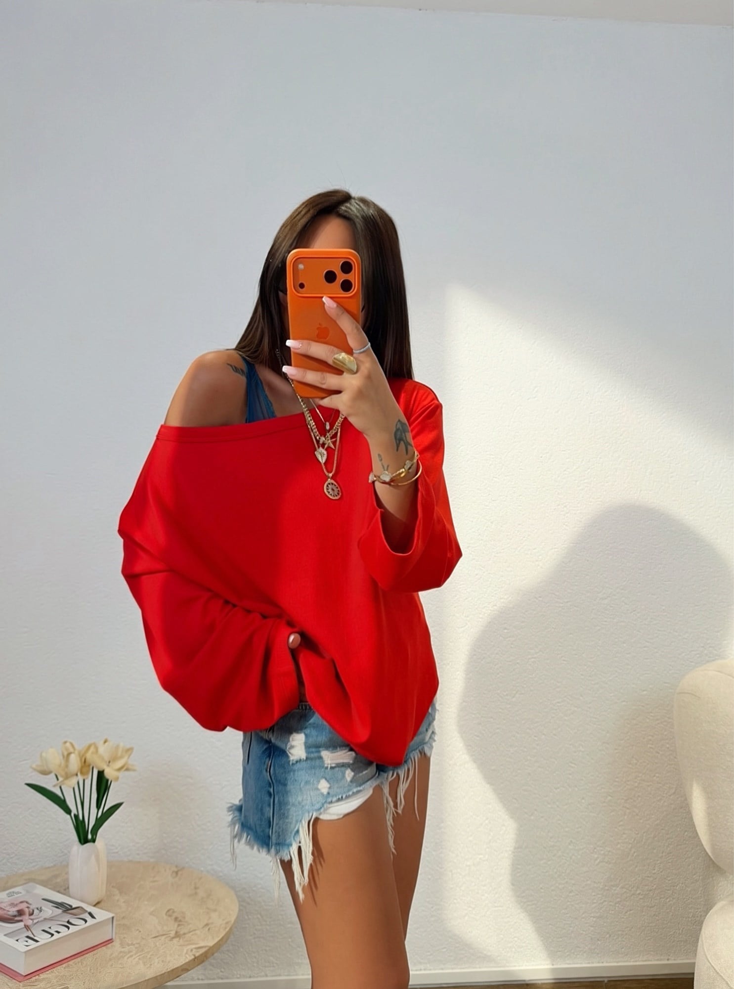 Düşük Omuz Oversize Kırmızı Sweatshirt