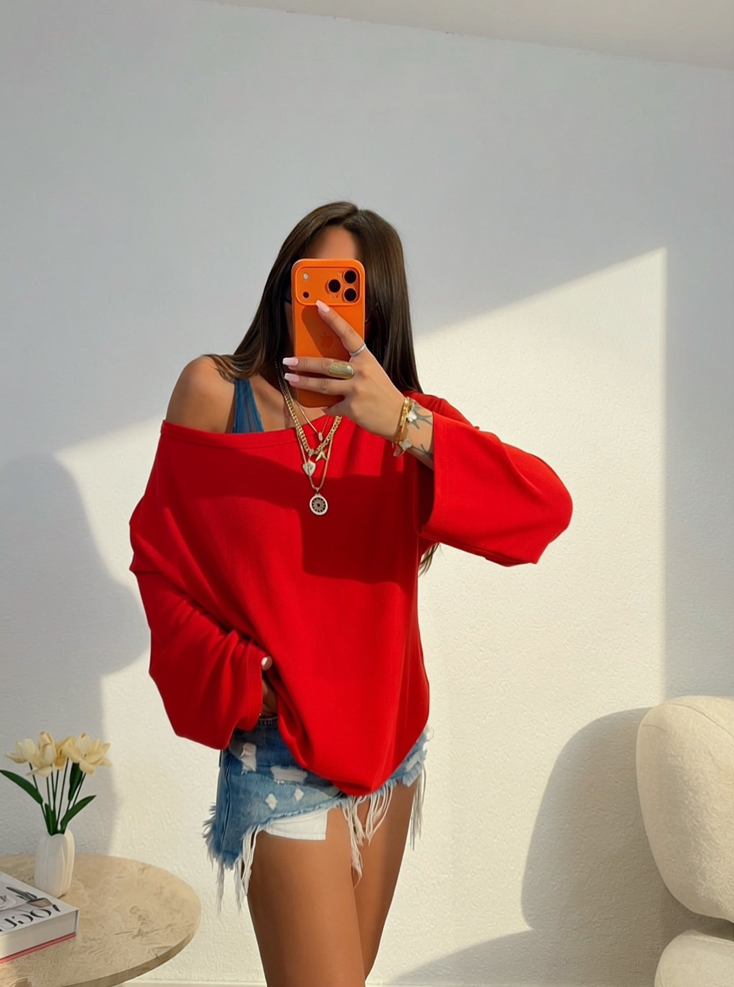 Düşük Omuz Oversize Kırmızı Sweatshirt