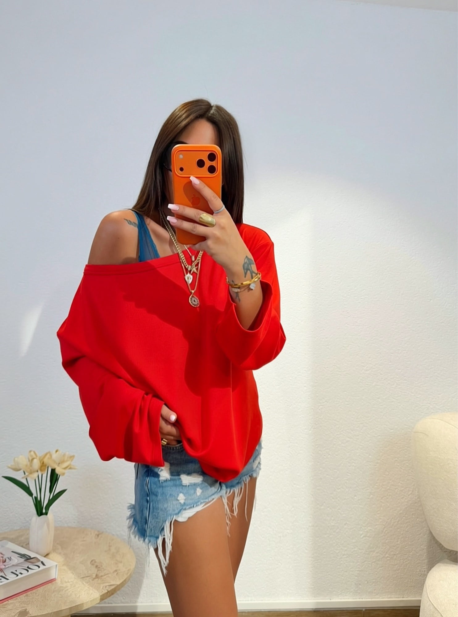 Düşük Omuz Oversize Kırmızı Sweatshirt