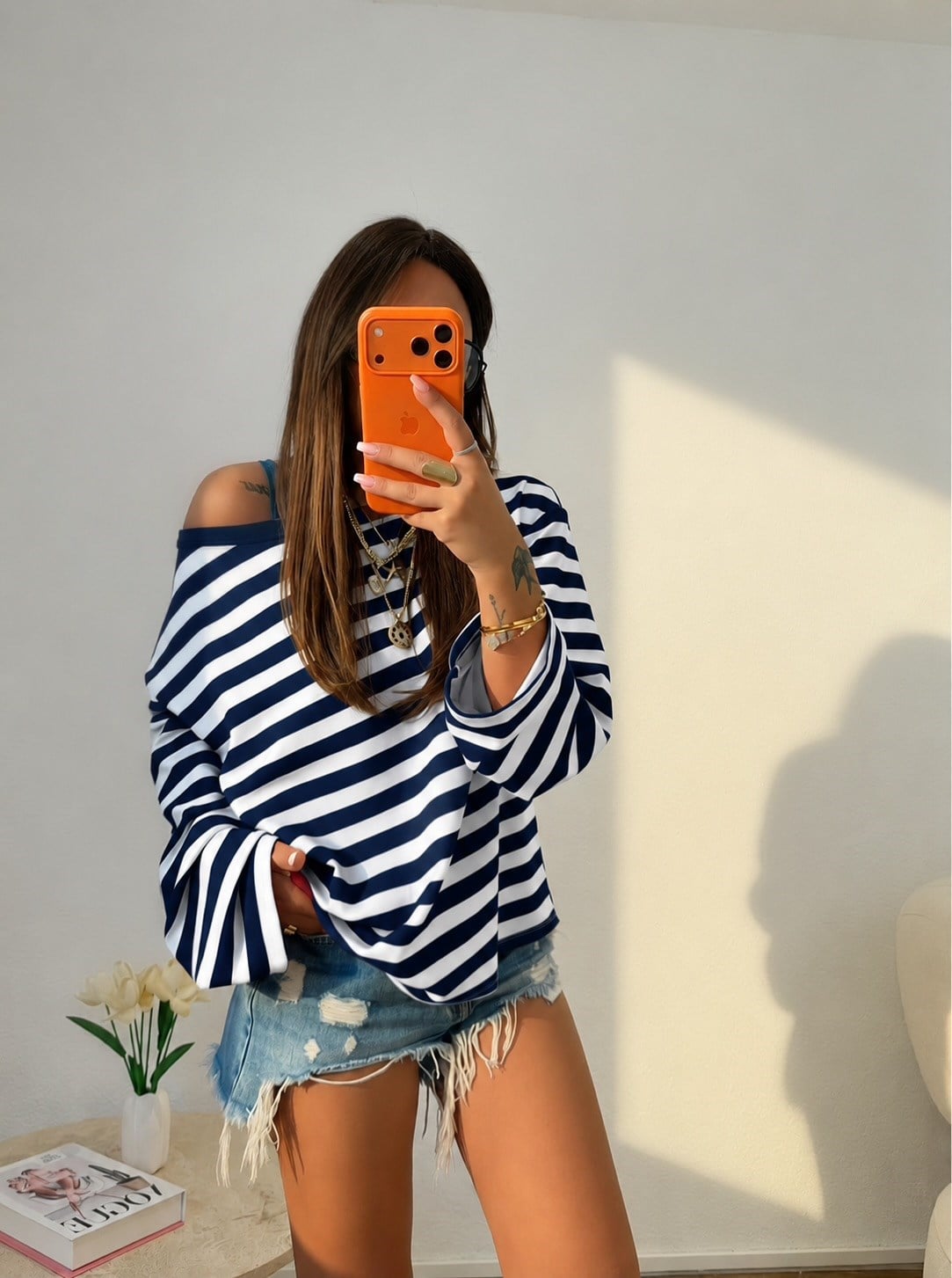 Düşük Omuz Oversize Laci Çizgili Sweatshirt