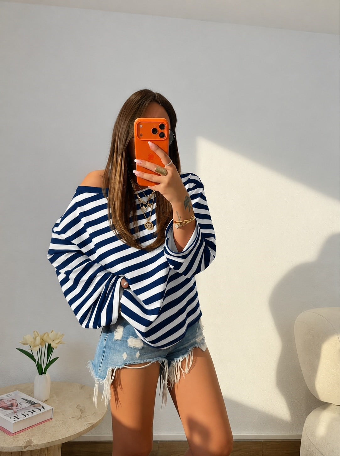 Düşük Omuz Oversize Laci Çizgili Sweatshirt