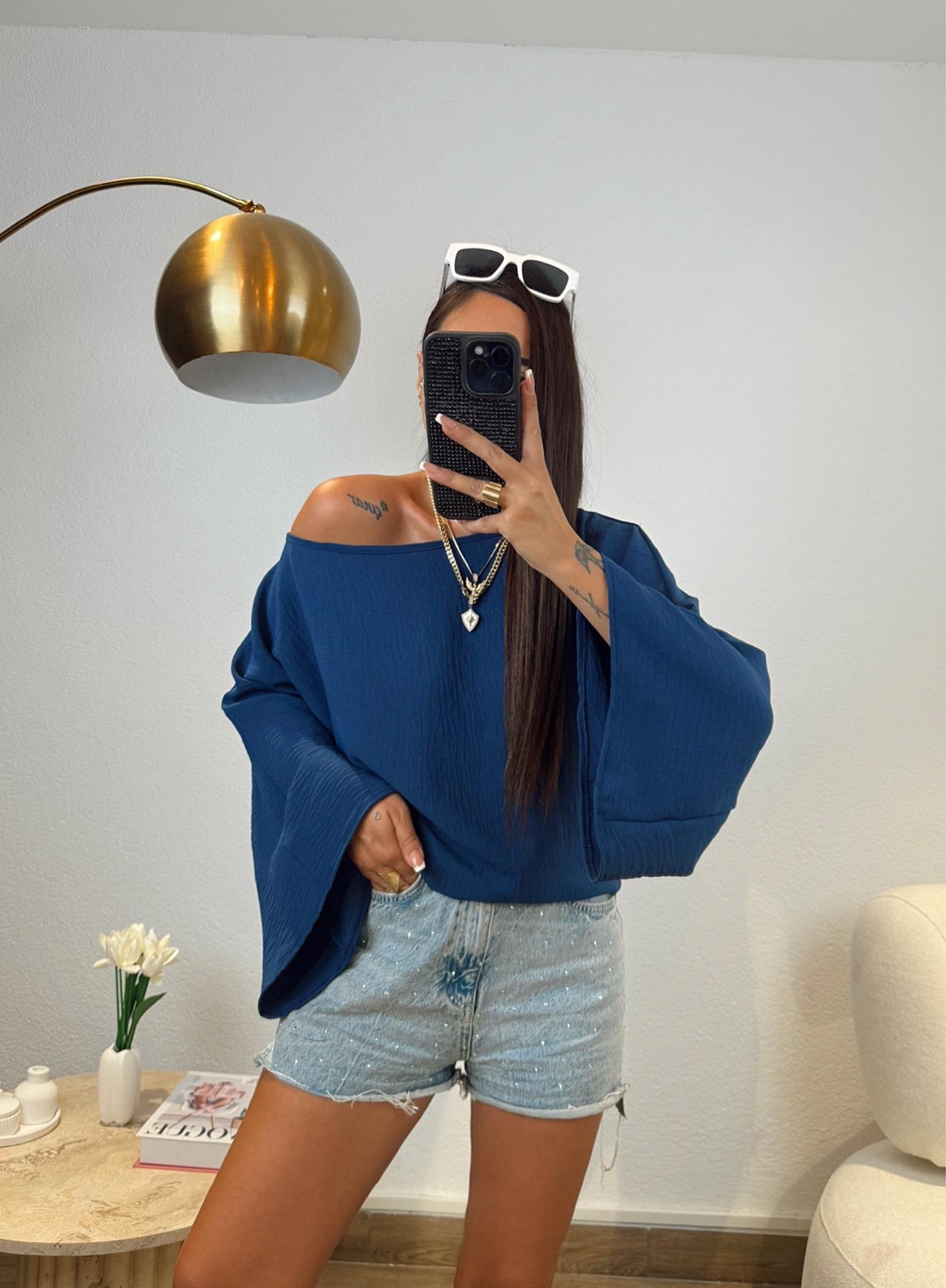Düşük Omuz Salaş Ayrobin İndigo Bluz