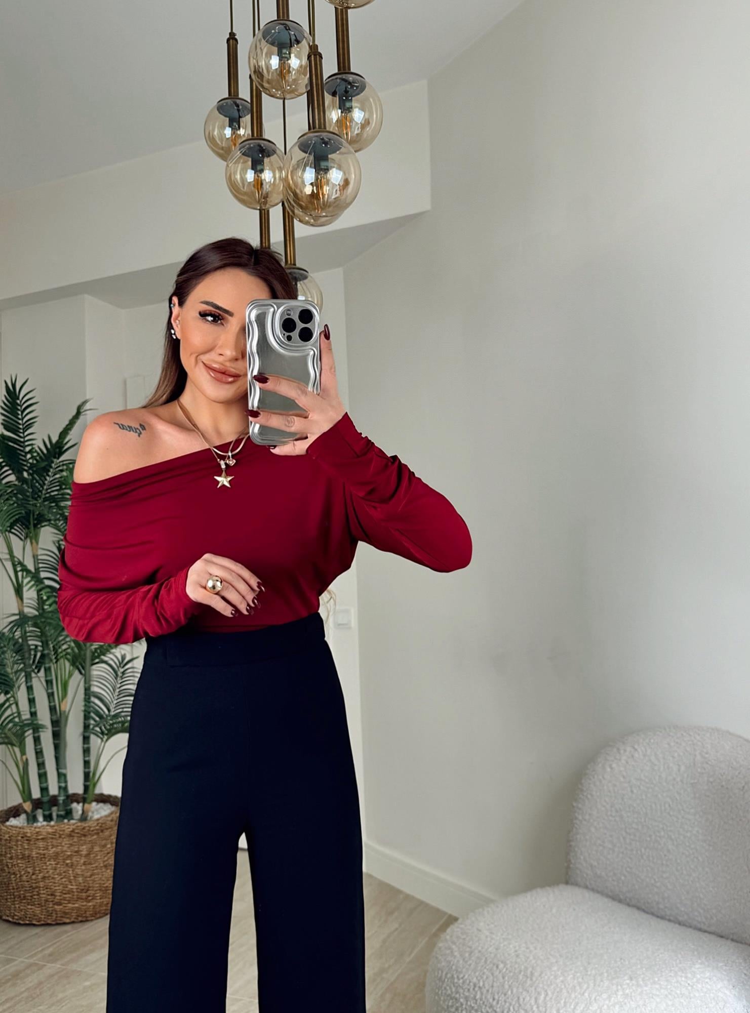Düşük Omuz Yarasa Model Sandy Bordo Badi
