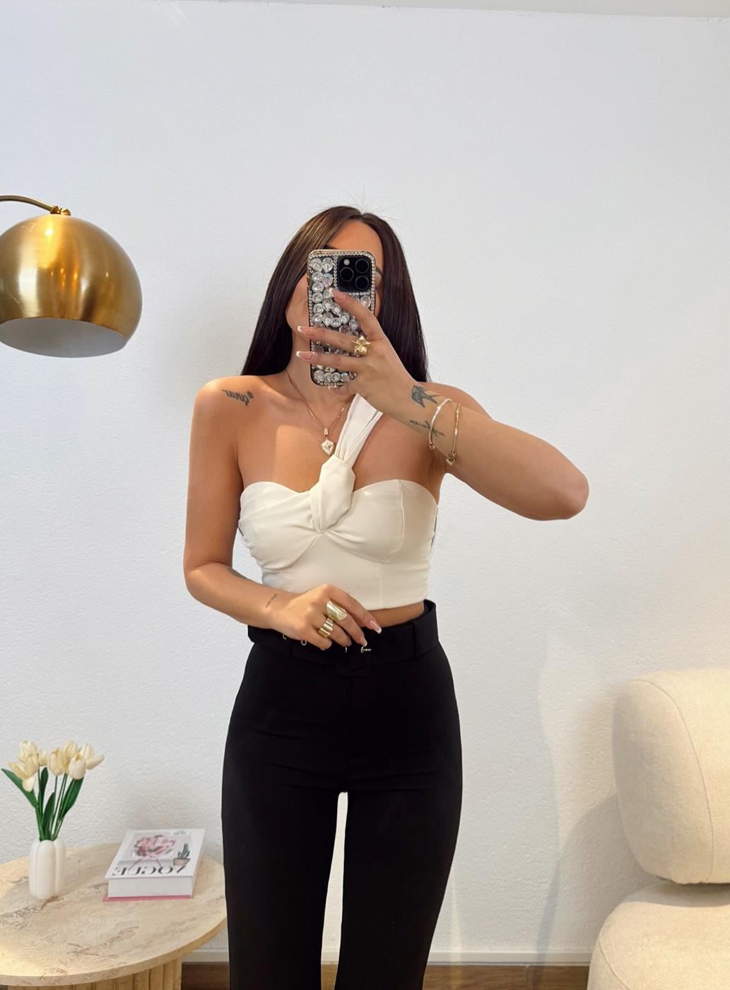 Ekru Keten Düğümlü Crop
