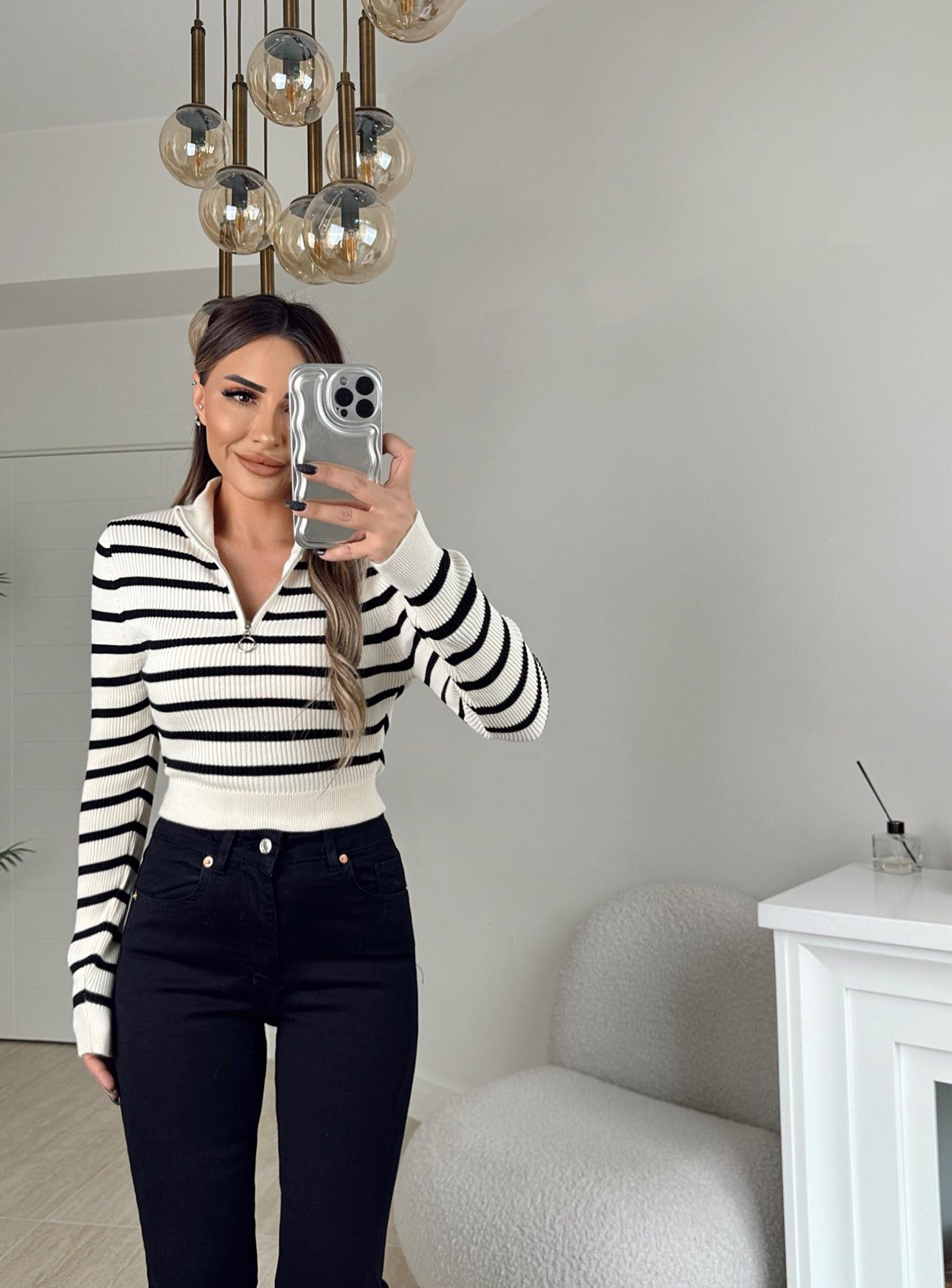 Fermuar Detay Ekru Çizgili Crop