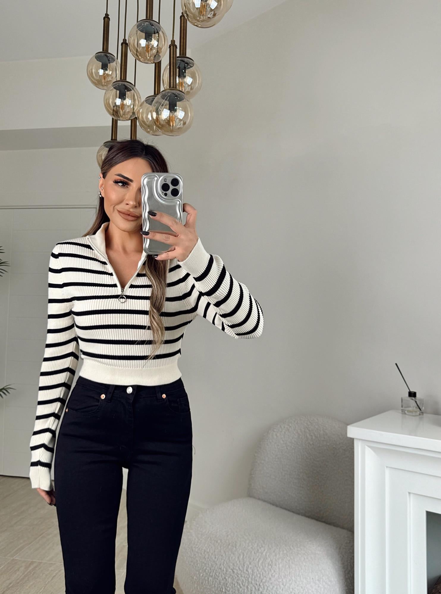 Fermuar Detay Ekru Çizgili Crop
