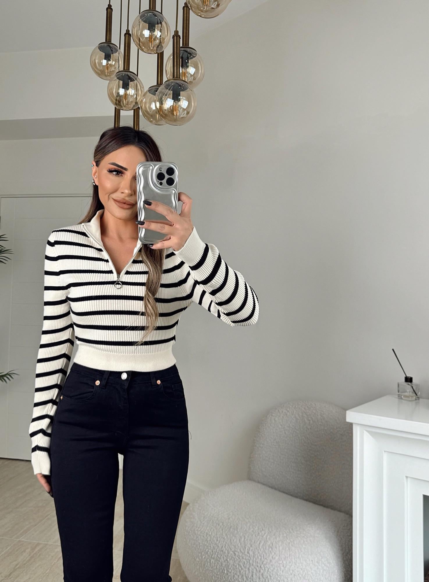 Fermuar Detay Ekru Çizgili Crop