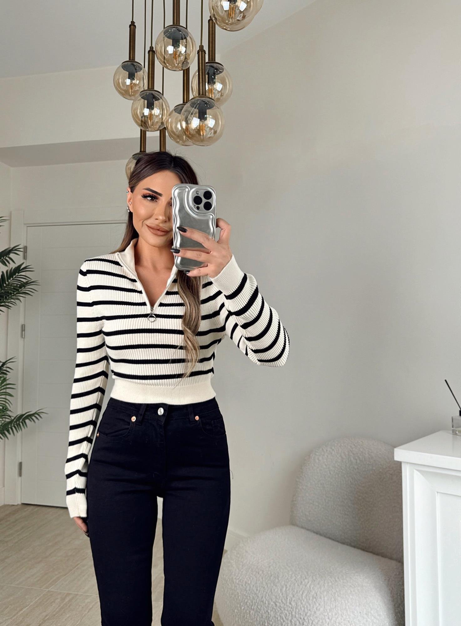 Fermuar Detay Ekru Çizgili Crop